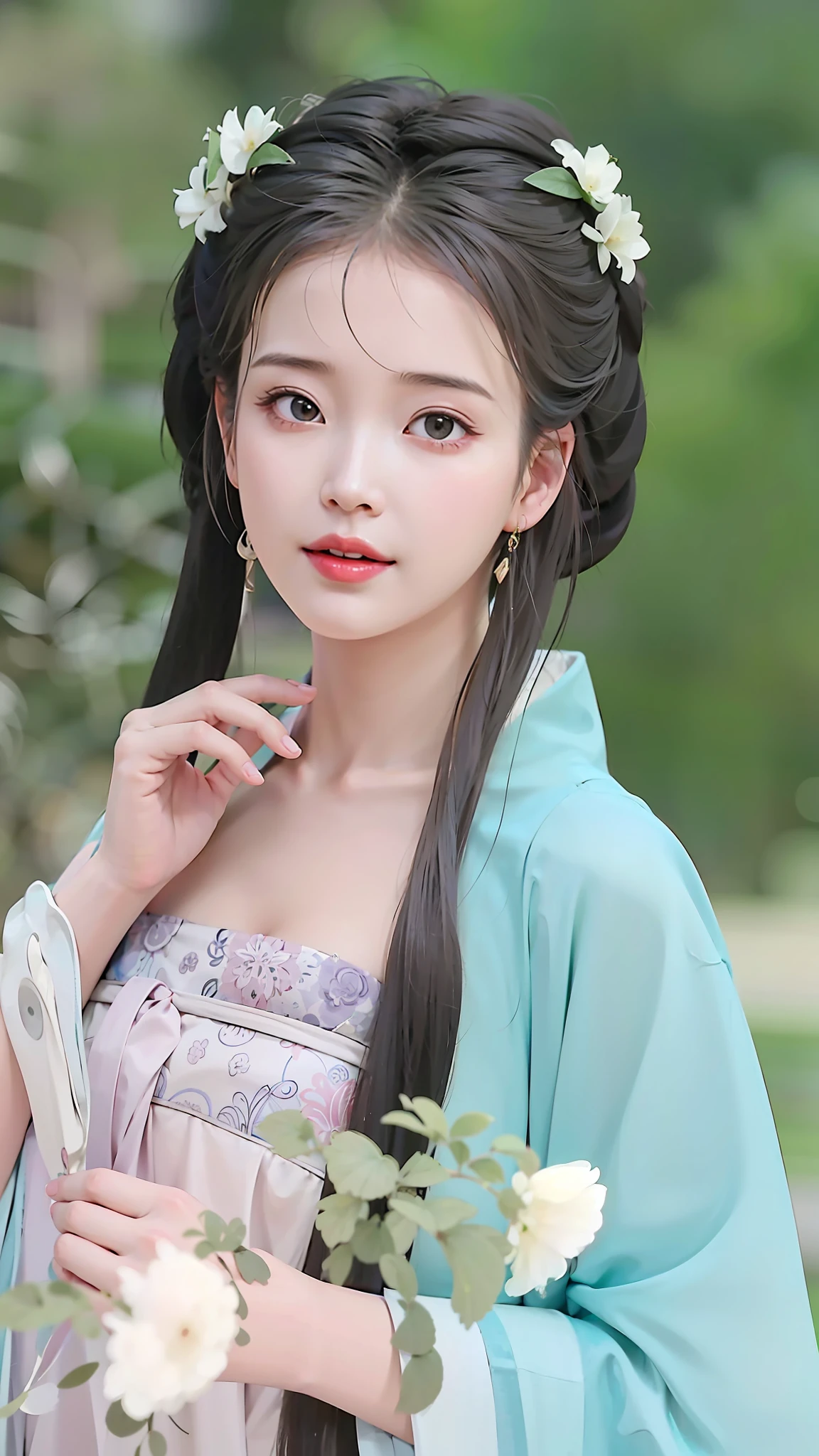 a close up of a woman in a blue dress holding a flower, Palace ， a girl in hanfu, gorgeous chinese model, traditional beauty, ancient chinese beauties, cute delicate face, Chinese girl, Chinese style, ruan jia beautiful!, wearing ancient chinese clothes, Beautiful rendering of the Tang Dynasty, with acient chinese clothes, extremely beautiful face, Very Beautiful Face