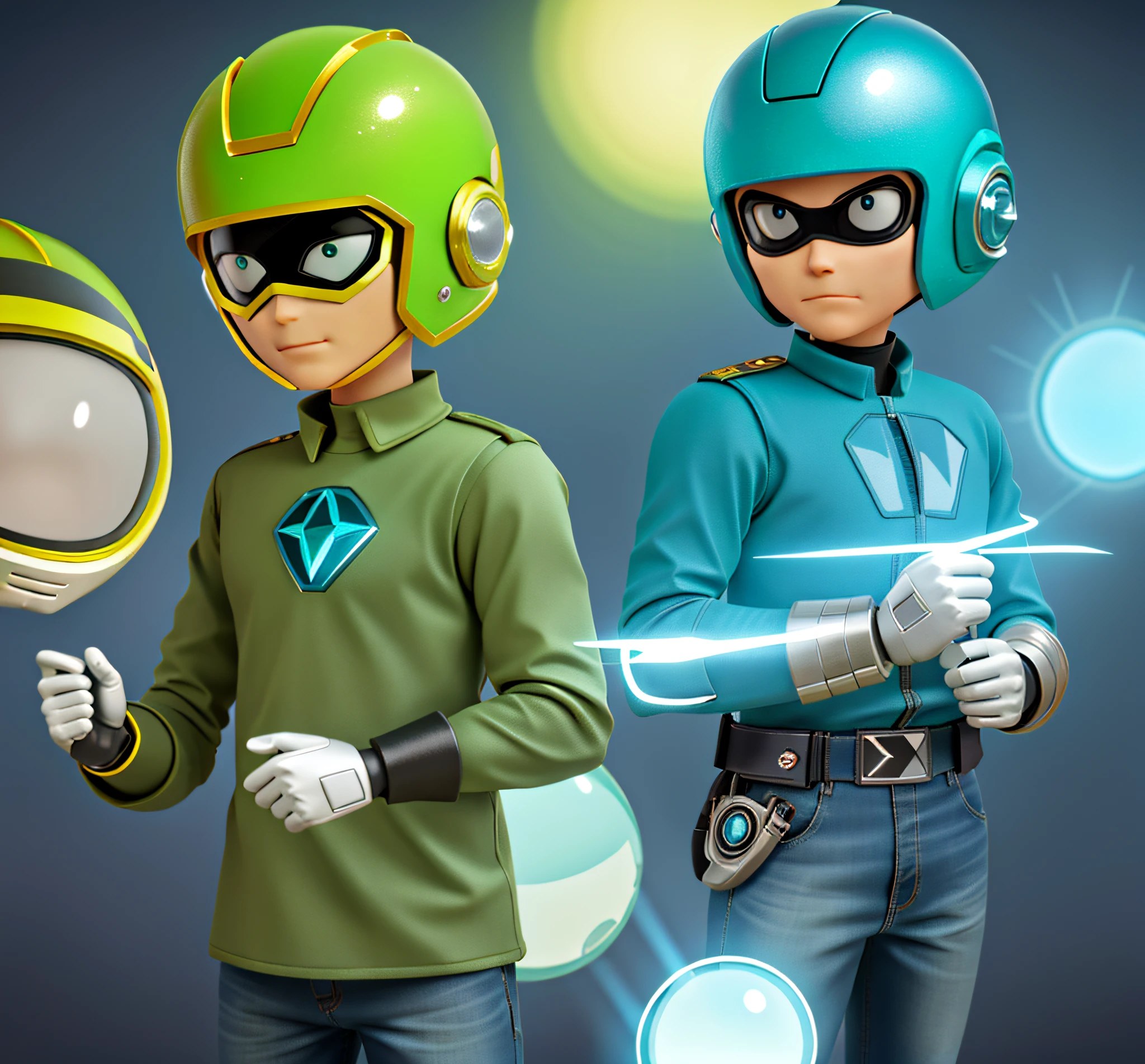 There are two people in green shirts and blue jeans with helmets, Power Ranger, with futuristic gear and helmet, [ Digital Art, Character Design Police Man, Digitally Colored, Daft Punk, Glowing Eyes in Helmet, Zordon from Power Rangers