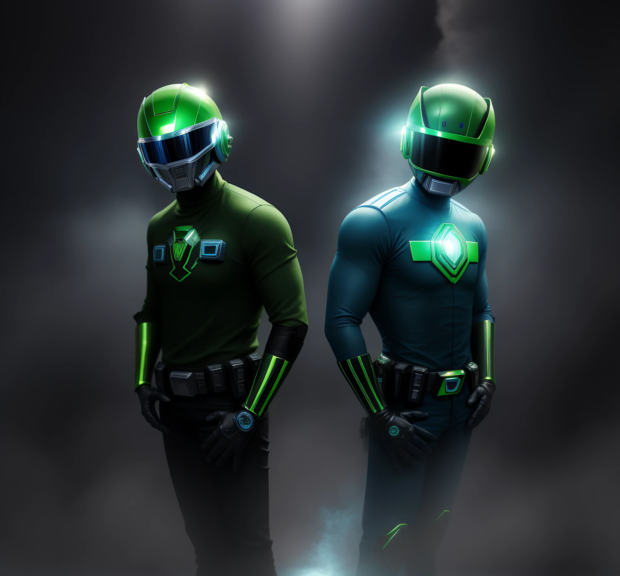 There are two people in green shirts and blue jeans with helmets, Power Ranger, with futuristic gear and helmet, [ Digital Art, Character Design Police Man, Digitally Colored, Daft Punk, Glowing Eyes in Helmet, Zordon from Power Rangers