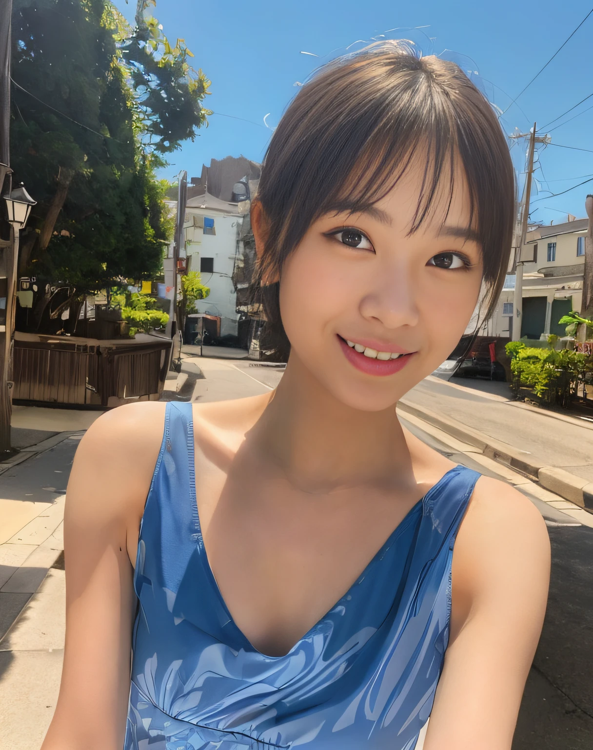 smilling face、Blue tank top
