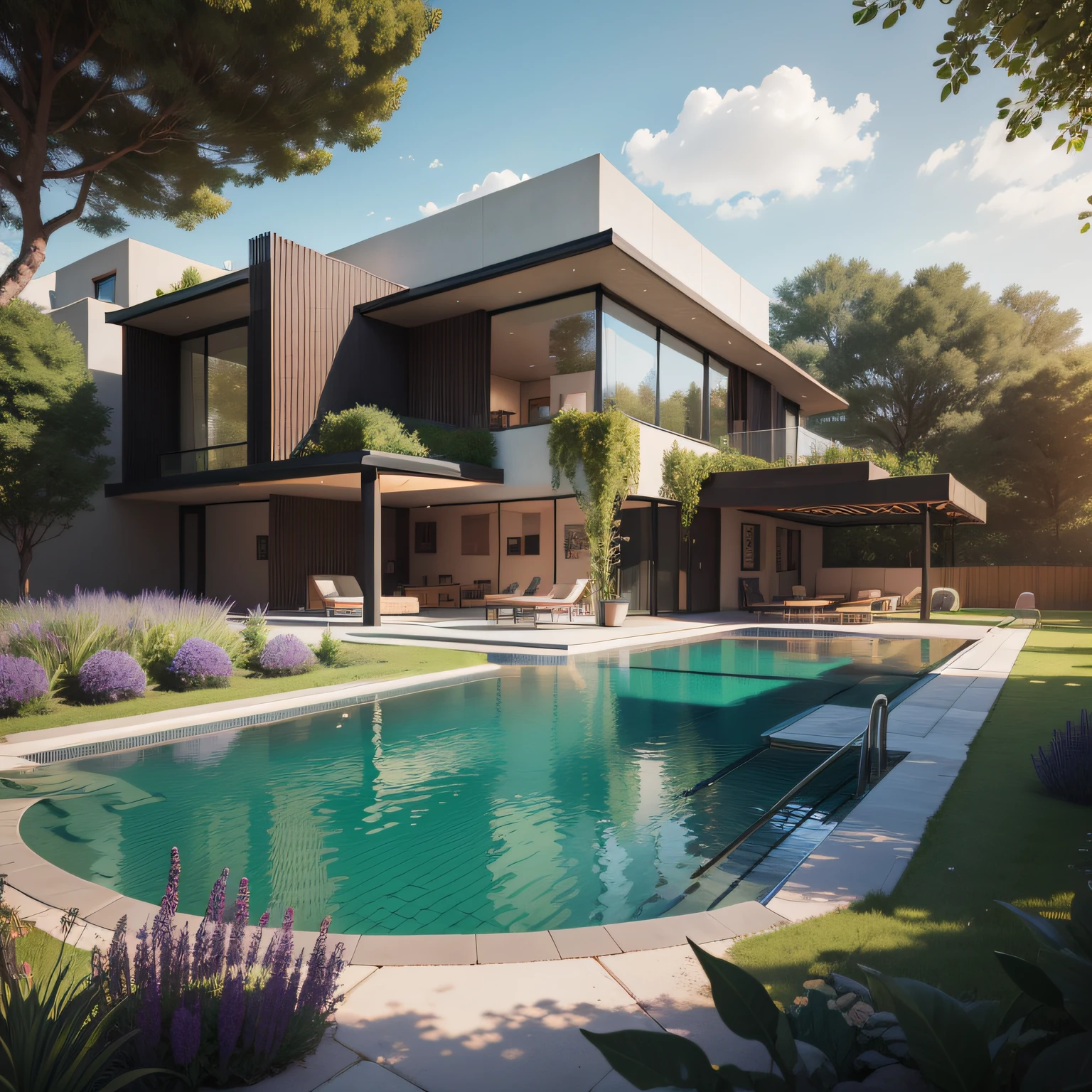 Organic modern architecture on a fairly large plot, from , there is a swimming pool in the middle of a large house of a flower, color of the house in chocolate brown and black beams, large modern residence, flat roofs and garden, render luxcore, render oktane, a photorealistic rendering, architectural rendering, mantra rendering, architectural rendering, realistic rendering, architectural visualization, wellness pool,  Architectural visualization, large green zones, with small zones of lavender flowers, green shrubs type lush green garden, as well as small water mirrors, swimming pool embedded in an area of sand, olive and pine trees around the house, paddle court next to the house