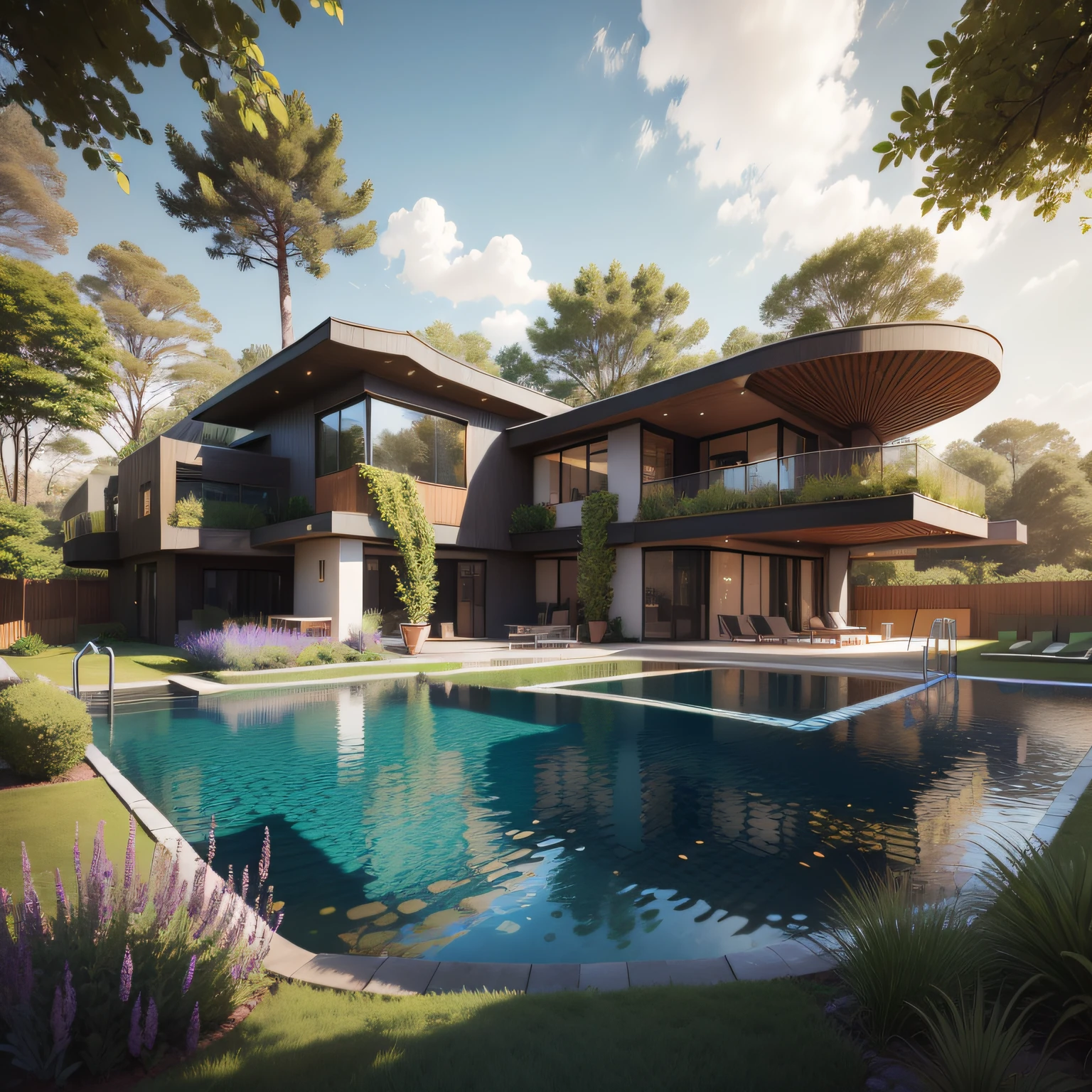 Organic modern architecture on a fairly large plot, from , there is a swimming pool in the middle of a large house of a flower, color of the house in chocolate brown and black beams, large modern residence, flat roofs and garden, render luxcore, render oktane, a photorealistic rendering, architectural rendering, mantra rendering, architectural rendering, realistic rendering, architectural visualization, wellness pool, Architectural visualization, large green zones, with small zones of lavender flowers, green shrubs type lush green garden, as well as small water mirrors, swimming pool embedded in an area of sand, olive and pine trees around the house, paddle court next to the house