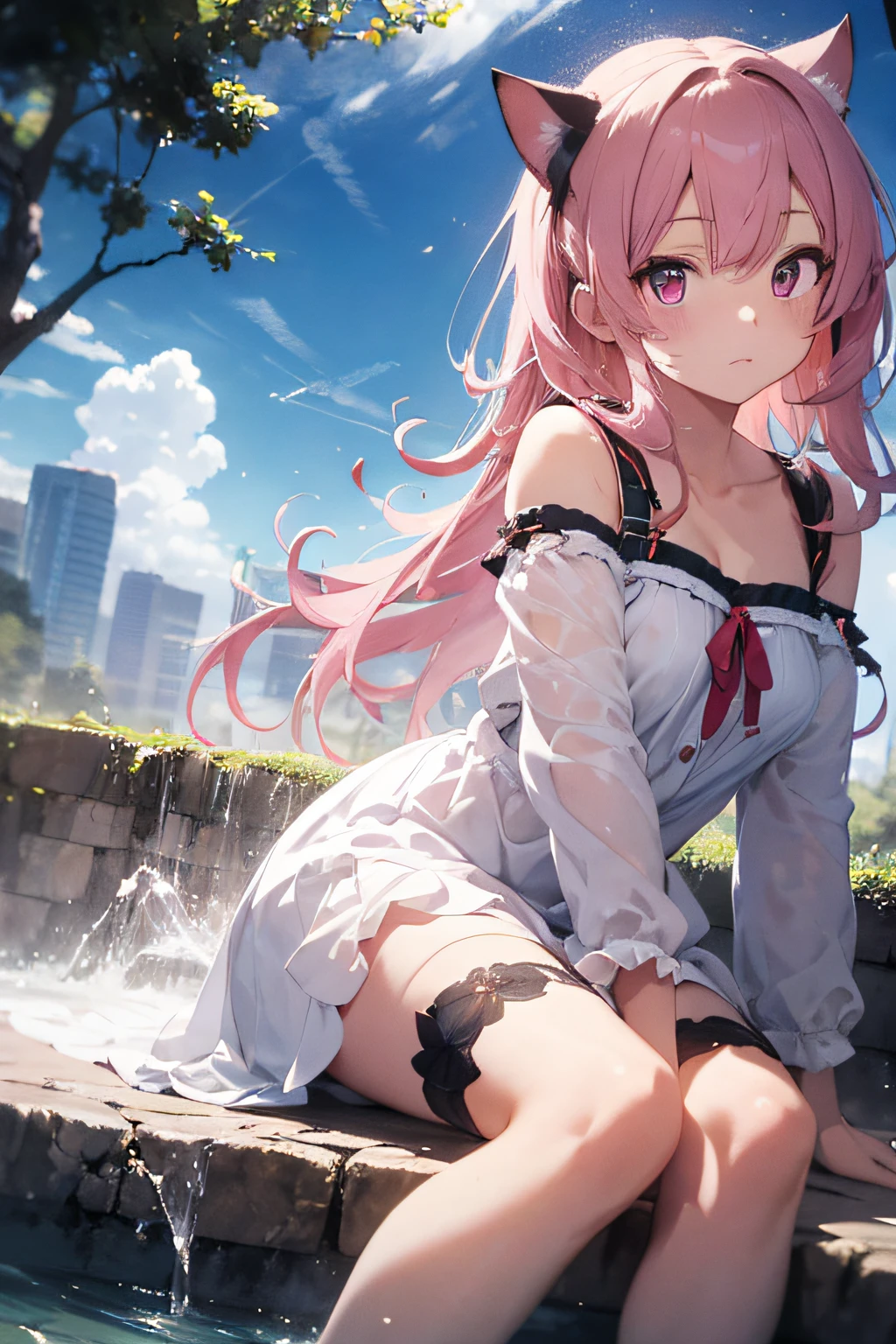 intricate detailed, Beautiful detailed girl, extremely delicate and beautiful, Whole body, Close-up of people, arm_support, beautifully painted, flat chest, girl,woman,a woman, little,kid,10歳, Medium hair, Wavy hair, Floating hair, Pink hair, Two-tone hair, hair blowing with the wind, Delicate facerain, heart, complex details beautiful and delicate eyes, cat_ear, large_Breasts, zettai_ryouiki, Pink eyes, White skin, white_dress_shirt,sleeves_hiar_wrists,bottom less,Bare breasts,bare feet, short_sleeves, Bed_sheet, Beautiful detailed sky, water spray, gradient, extremely detailed 8k wallpaper, extremely detailed 8k wallpaper, with high resolution,