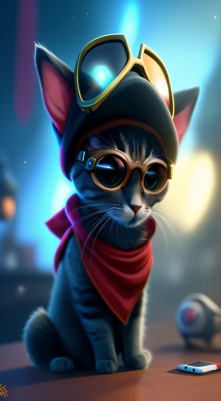 there is a cat wearing a hat and goggles on a table, adorable digital painting, teemo, world boss kitten, trending on artstation 4k, cute 3 d render, Teemo from League of Legends, 4k trending at artstation hq, from league of legends, trending on Artstation.', cute detailed digital art, trending on artstation hd