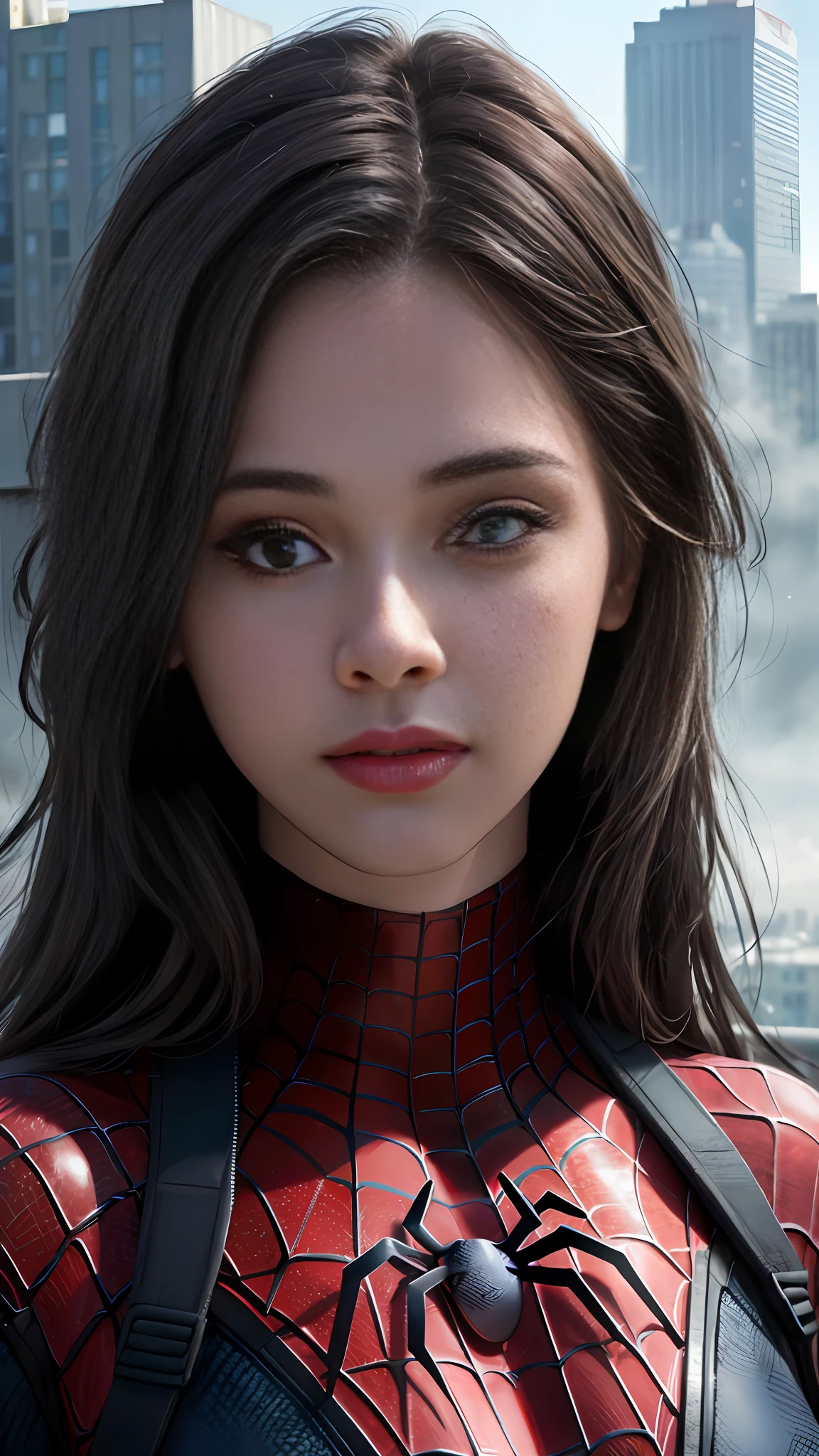 (1girl:1.3), Solo, (((Very detailed face)))), ((Very detailed eyes and face)))), Beautiful detail eyes, Body parts__, Official art, Unified 8k wallpaper, Super detailed, beautiful and beautiful, beautiful, masterpiece, best quality, original, masterpiece, super fine photo, best quality, super high resolution, realistic realism, sunlight, full body portrait, amazing beauty, dynamic pose, delicate face, vibrant eyes, (from the front), She wears Spider-Man suit, red and black color scheme, spider, very detailed city roof background, rooftop, overlooking the city, detailed face, detailed complex busy background, messy, gorgeous, milky white, highly detailed skin, realistic skin details, visible pores, clear focus, volumetric fog, 8k uhd, DSLR, high quality, film grain, fair skin, photo realism, lomography, futuristic dystopian megalopolis, translucent