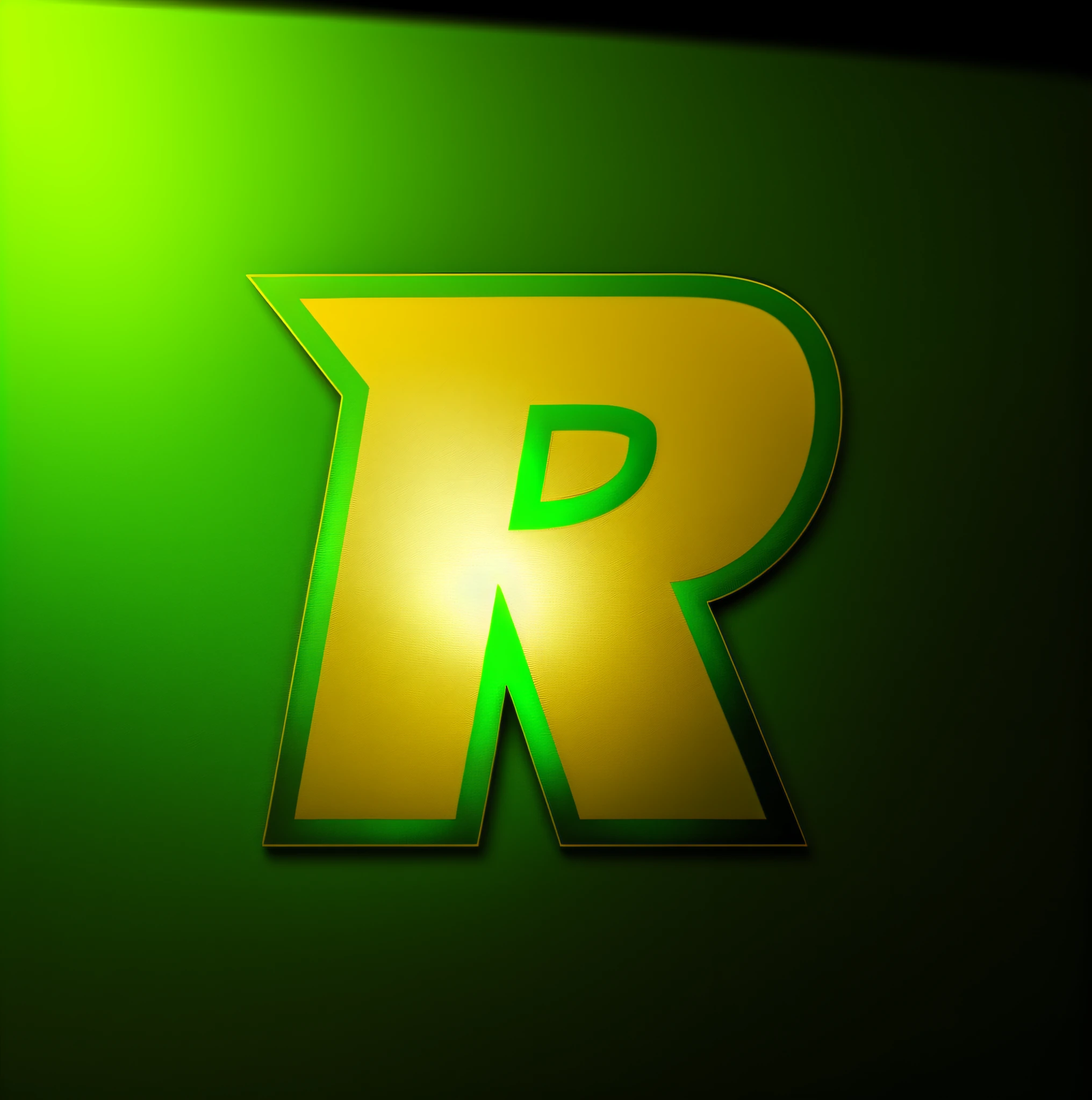 The logo for Raphael, gold coat of arms, R letter logo of fluorescent green color, black background
