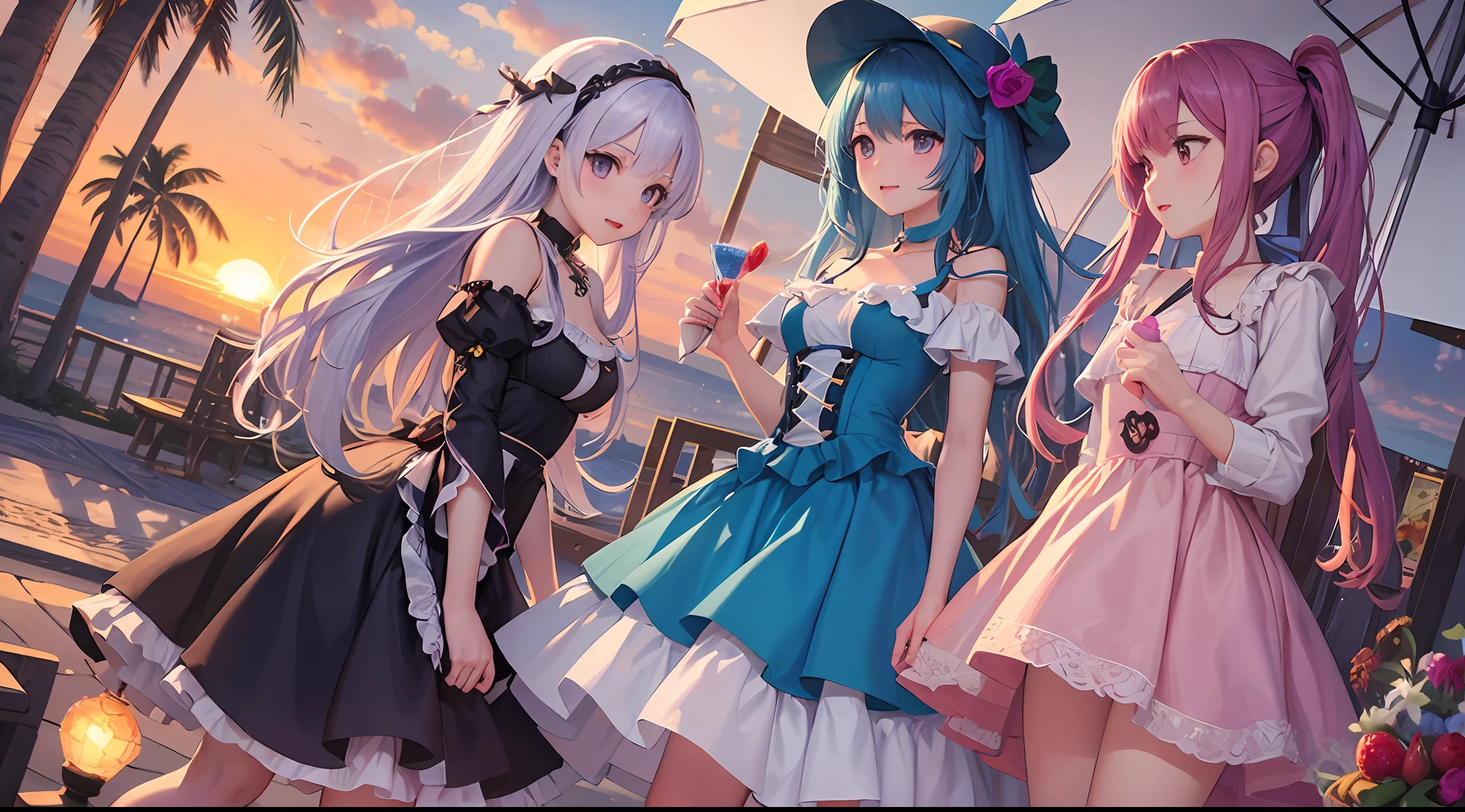 (extremely detailed background:1.0)、(extremely detailed background:1.0)、master masterpiece、best-quality、Careful illustrations、Dark Magician Girl、mksks style、1 Girls、10 people、Colorful dress、Colorful skirt、Fractal Art、Iridescent hair、Colorful hair、1/4 Blue and 1/2 pink and 1/4 purple hair:1.3、Do-up、from below、Look to the right、Don't look at the camera、beach、Palm trees、Strawberry Parfait、beach parasol、sunset、Fantastical、ruby、sapphire、emerald、gems、soap bubble --auto