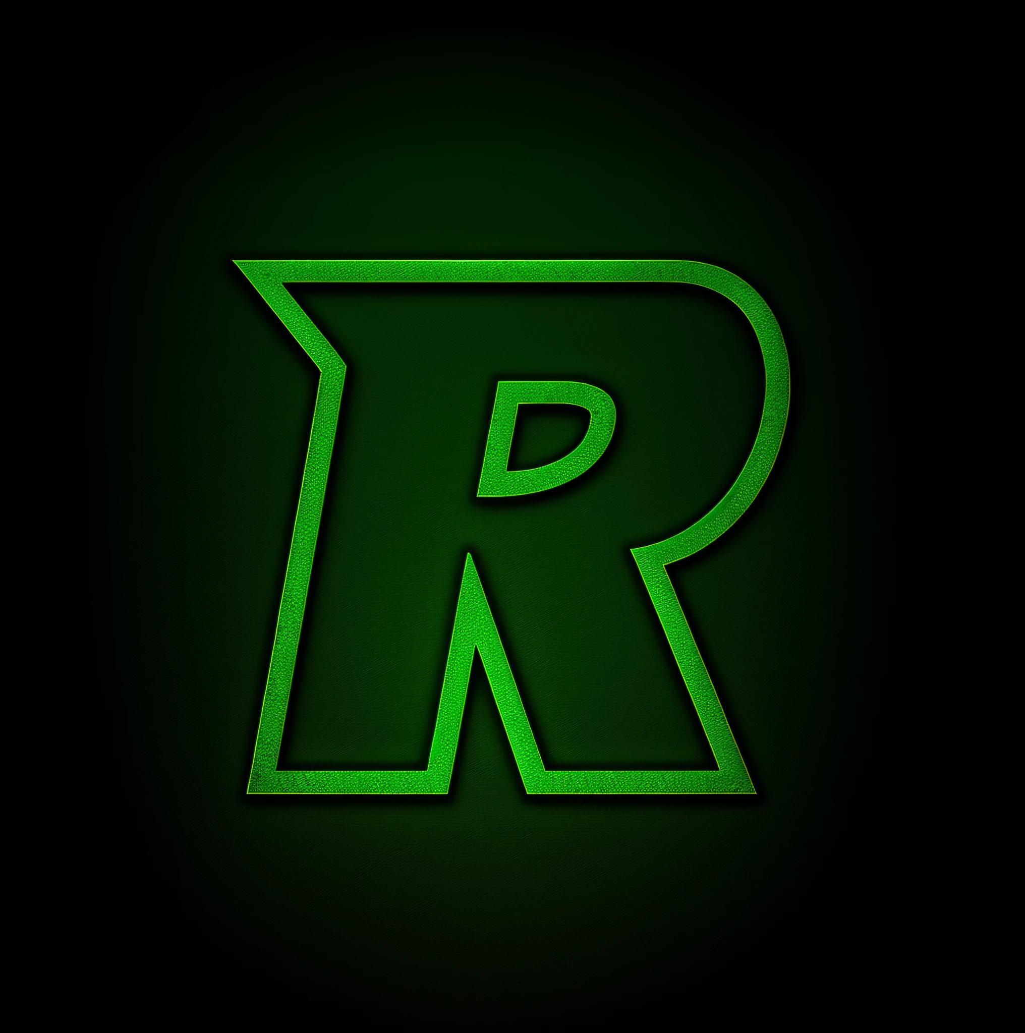 The logo for Raphael, gold coat of arms, R letter logo of fluorescent green color, black background