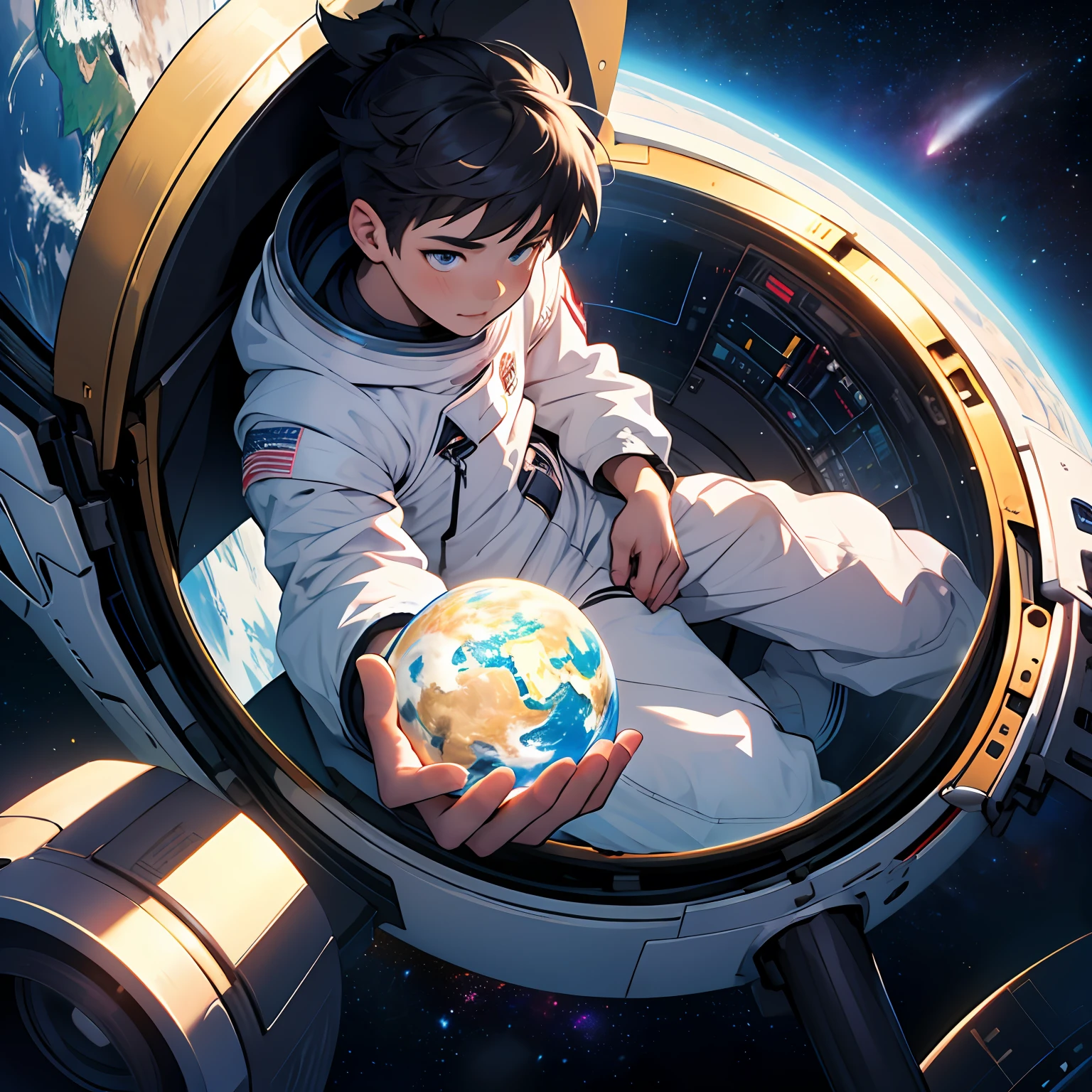 Cute boy communicating with Earth in hyper-detailed space background。 --auto