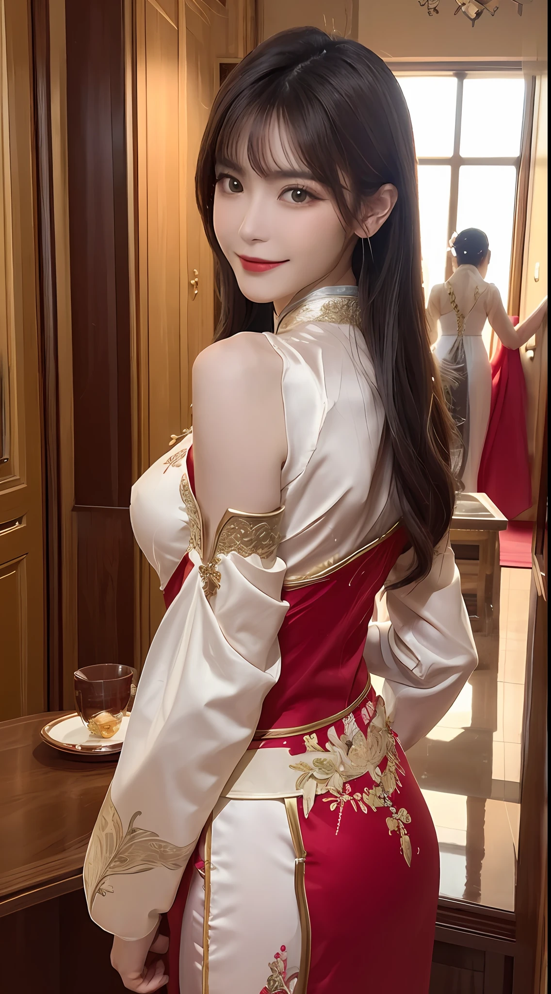1 very pretty girl, solo, 27 years old, girl wearing bridal ao dai, long dress and hair jewelry, young girl wearing white ao dai, red and yellow silk pants, red and white hugging ao dai, thin ao dai fabric, wearing with ao dai, luxurious and mysterious dark color version, hair jewelry with many sophisticated patterns, head jewelry, red lips, thin and beautiful lips, captivating smile, beautiful details, detailed background detailed, super detailed, magic lighting, nice lighting effects, clear face, shoulder length hair, beautiful and well proportioned face, (transparent yellow eyes : 1.8), big round eyes and very beautiful and meticulous, wearing a silk dress, mysterious makeup, jewelry on ao dai, bangs flat and dyed in light yellow, medium-sized, even breasts, big buttocks, flat stomach, body curves perfect girl, girl's portrait, upper half, hanging, Real and alive, (stars: 1.7), (sky of the zodiac: 1.8), fiction , RAW photos, Vietnam Ao Dai photos, beautiful photos best, 8k, best quality 8k photo, surreal, most realistic,
waiting to start