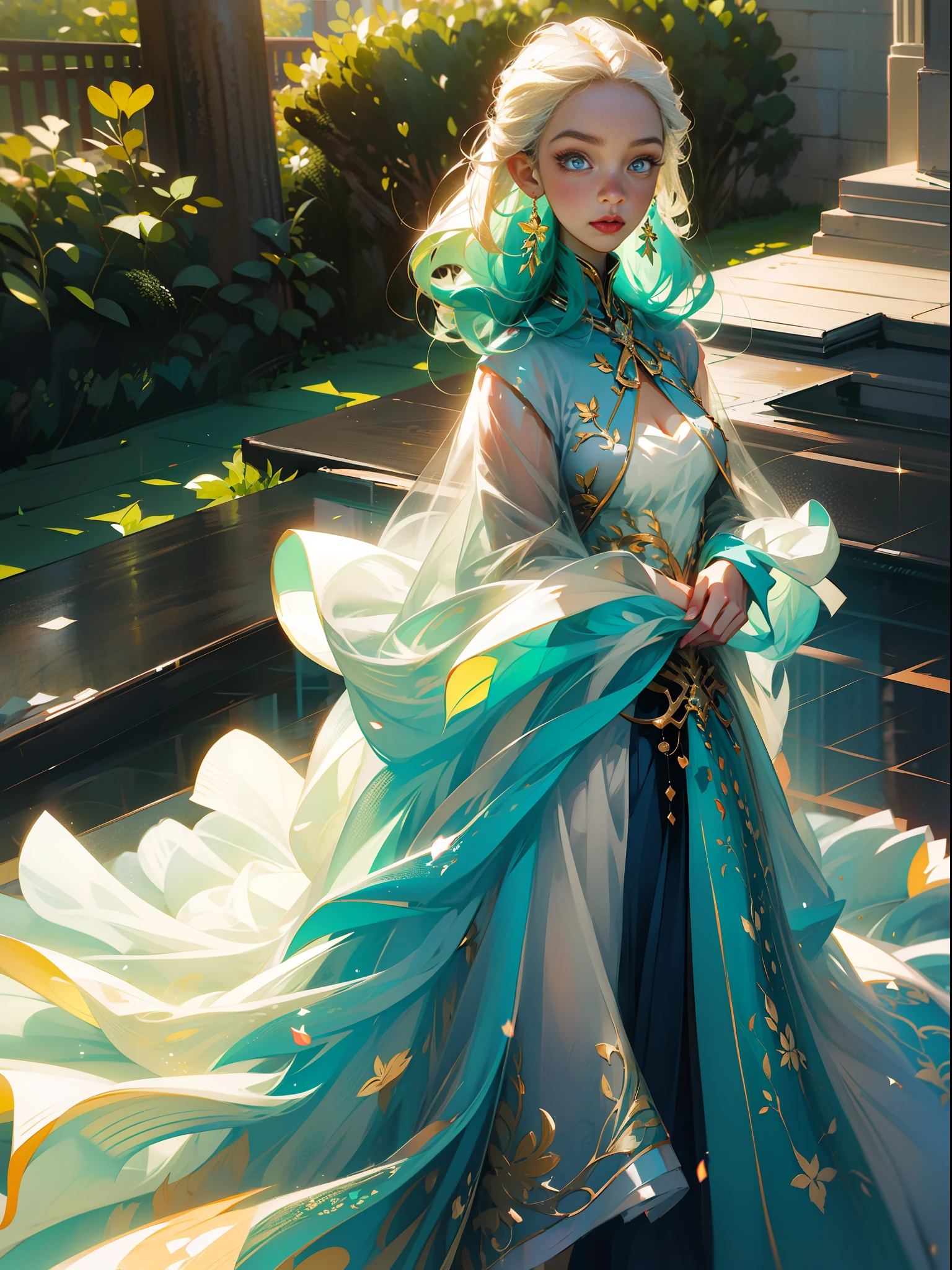 ultra detail high quality animerealistic single woman,young female、Slender appearance,Haute Couture Dresses。Body layered with light silk。See-through overskirt with multiple layers of panniers over the panniers。Chiffon fabric that spreads refreshingly in the summer sunlight