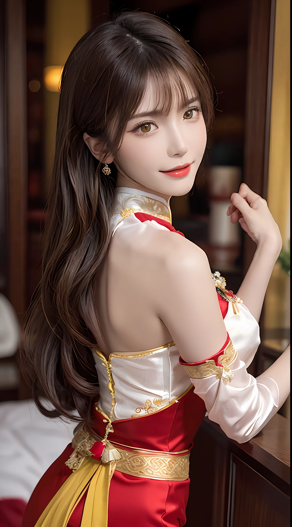 1 very pretty girl, solo, 27 years old, girl wearing bridal ao dai, long dress and hair jewelry, young girl wearing white ao dai, red and yellow silk pants, red and white hugging ao dai, thin ao dai fabric, wearing with ao dai, luxurious and mysterious dark color version, hair jewelry with many sophisticated patterns, head jewelry, red lips, thin and beautiful lips, captivating smile, beautiful details, detailed background detailed, super detailed, magic lighting, nice lighting effects, clear face, shoulder length hair, beautiful and well proportioned face, (transparent yellow eyes : 1.8), big round eyes and very beautiful and meticulous, wearing a silk dress, mysterious makeup, jewelry on ao dai, bangs flat and dyed in light yellow, medium-sized, even breasts, big buttocks, flat stomach, body curves perfect girl, girl's portrait, upper half, hanging, Real and alive, (stars: 1.7), (sky of the zodiac: 1.8), fiction , RAW photos, Vietnam Ao Dai photos, beautiful photos best, 8k, best quality 8k photo, surreal, most realistic,
waiting to start
