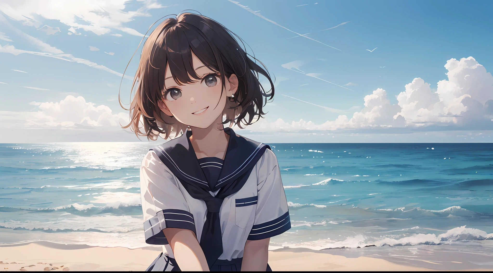 (best-quality:1.5)、(ultra- detailed:1.5)、(Highest quality photos:1.5)、Beautiful schoolgirl、Very cute、half、Beautiful sea、horizon、Summer sky、beach、solo、Staring at the horizon、Radiant smile、