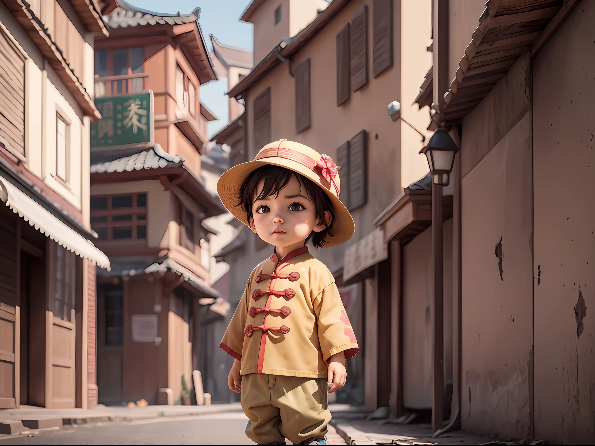 A little boy，pitiable，Stand on the street，Ancient Chinese style，artstation, CGI_Animation