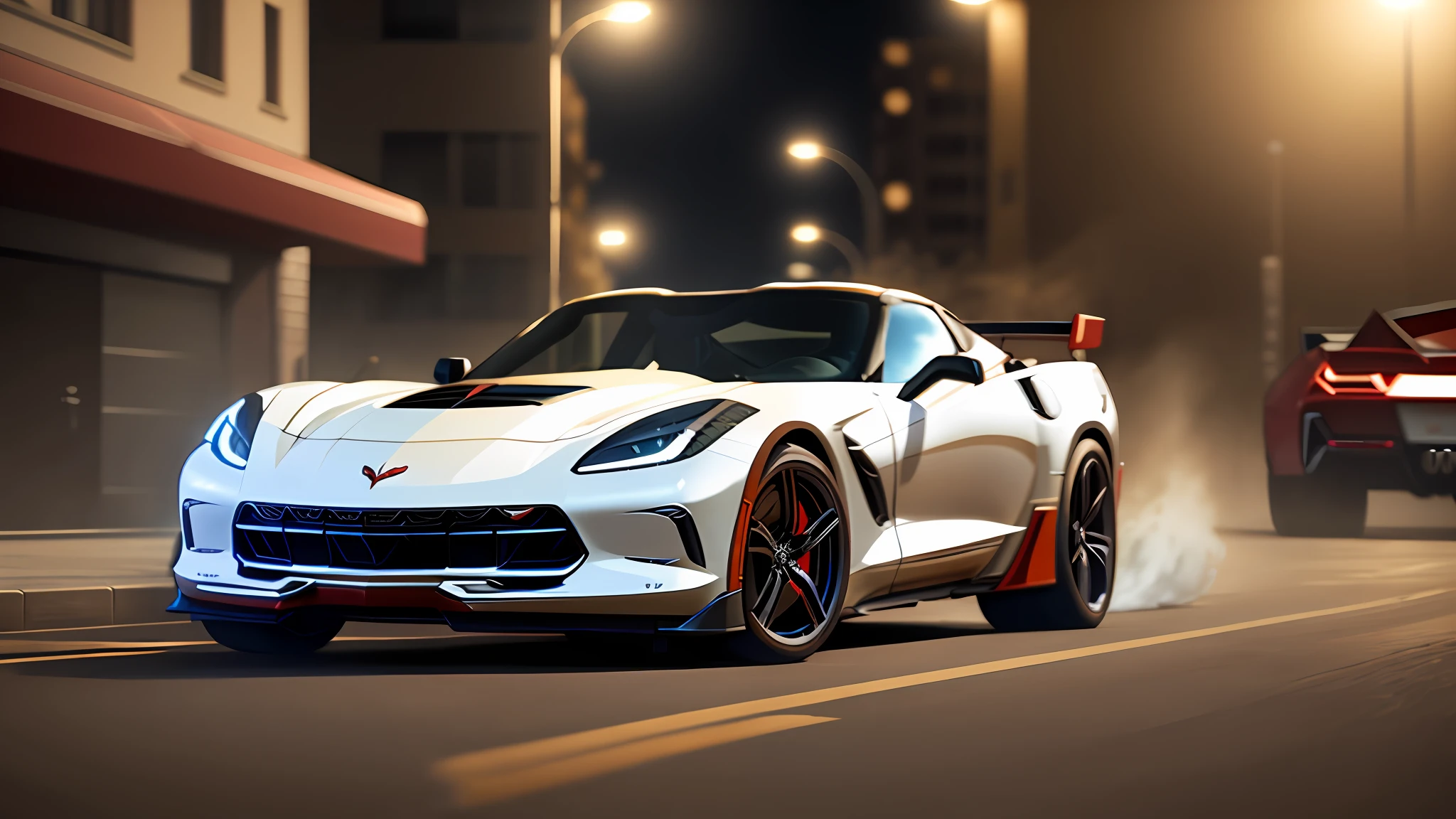 a lowered car (Corvette 67) drifting in a city at night (((cinematic lighting)))), forza, chrome rims, soft cinematic light, adobe lightroom, photolab, hdr, immense detail, photorealism, professional photography, dynamic scene, dynamic lighting, 8 k, motion blur, dust, trend in artstation, highly detailed, ( highly detailed ), style frame, crowned, unreal engine, octane rendering, Corvette 67