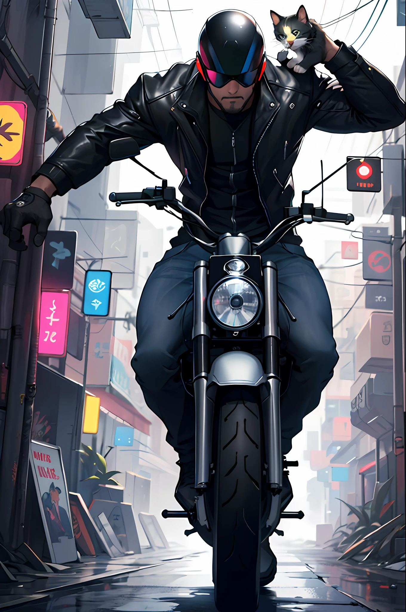 In Cyberpunk World, A man rides a black Harley motorcycle. He wears a black high-tech helmet，It says HJQ. Next to the man stands a beautiful girl with a cat in her arms. The perspective of the picture is a front view, belonging to conceptual art and CG rendering. The details of the picture are super detailed, and the resolution of the picture is 4k，Masterpieces，best quaity