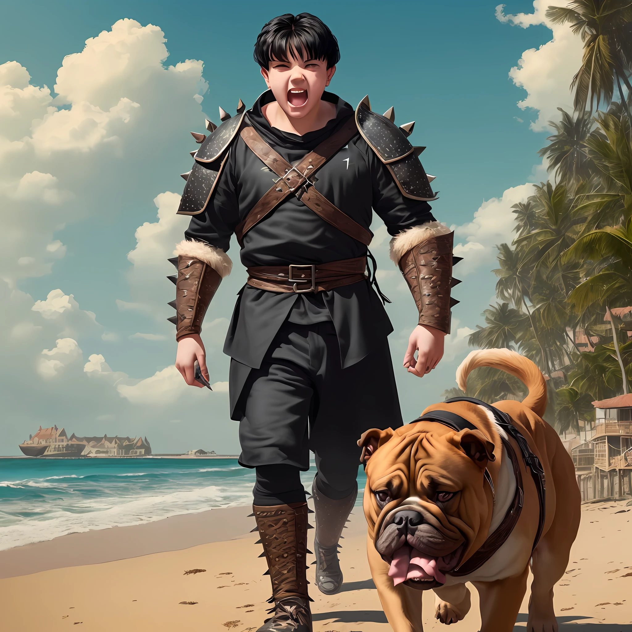 ((( a crazy 14 year old evil  teenage boy wearing medieval beach wear, short Black hair )))  ( walking A Giant ferocious brown  bulldog with a spikey colla ))) ( on the beach )  , vector, cinematic render --auto --s2