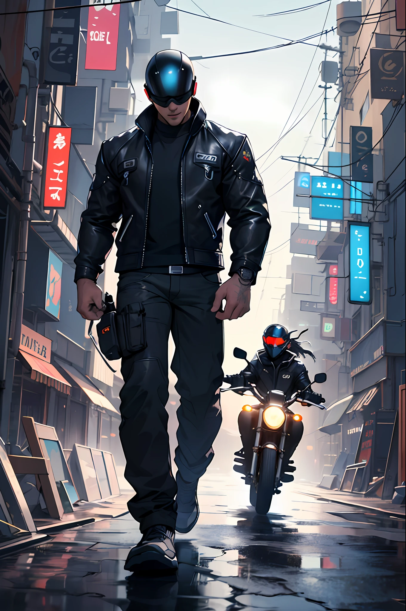 In Cyberpunk World, A man rides a black Harley motorcycle. He wears a black high-tech helmet，It says HJQ. Next to the man stands a beautiful girl with a cat in her arms. The perspective of the picture is a front view, belonging to conceptual art and CG rendering. The details of the picture are super detailed, and the resolution of the picture is 4k，Masterpieces，best quaity