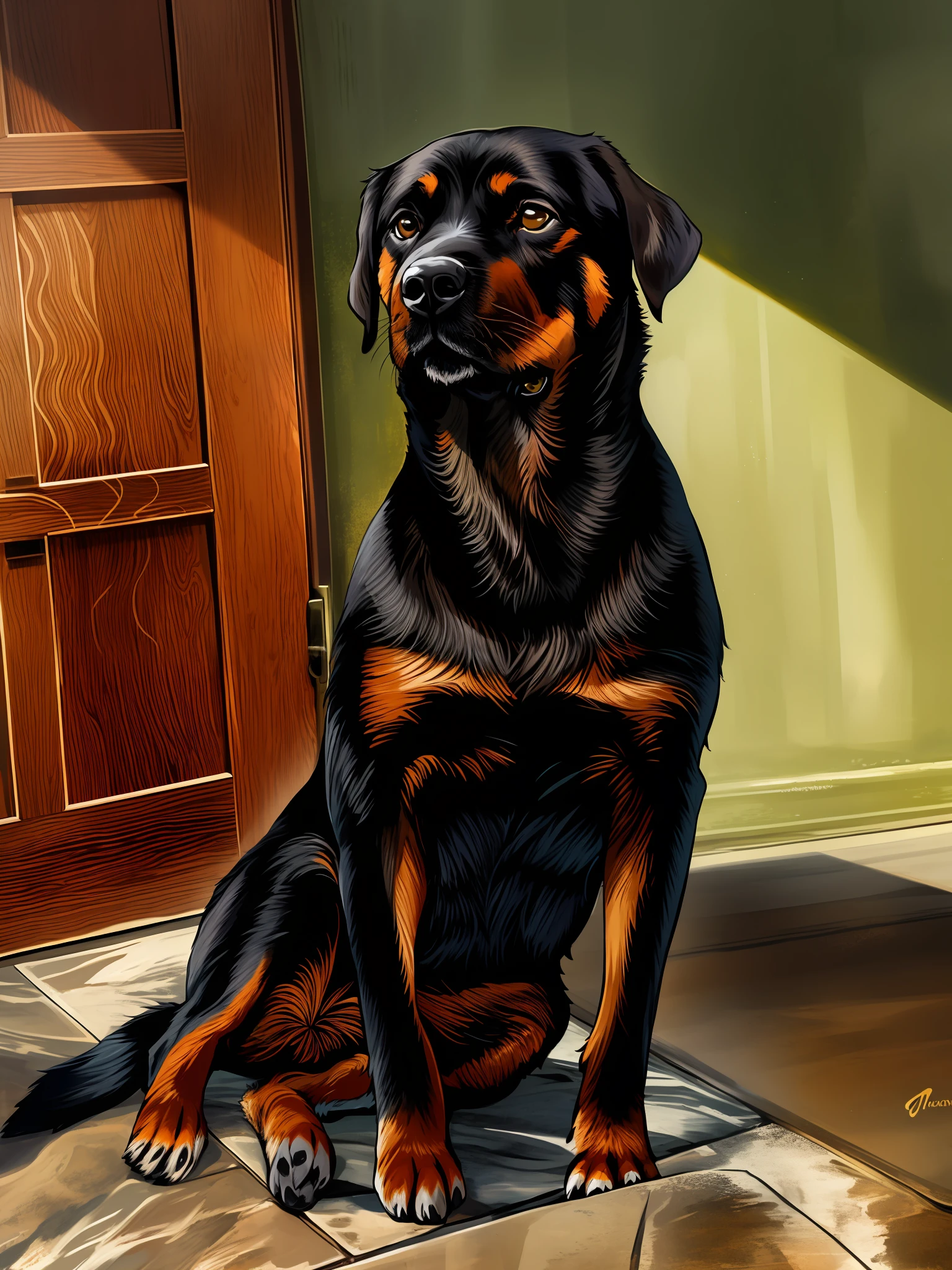 there is a dog sitting on the floor in front of a door, 2 , rottweiler dinosaur hybrid, maximus jacobs, by Ivan Ranger, taken with sony alpha 9, rottweiler rabbit hybrid, regal pose, a handsome, an afghan male type, extremely handsome, very handsome, very powerful, front portrait, very realistic, 5 years old
