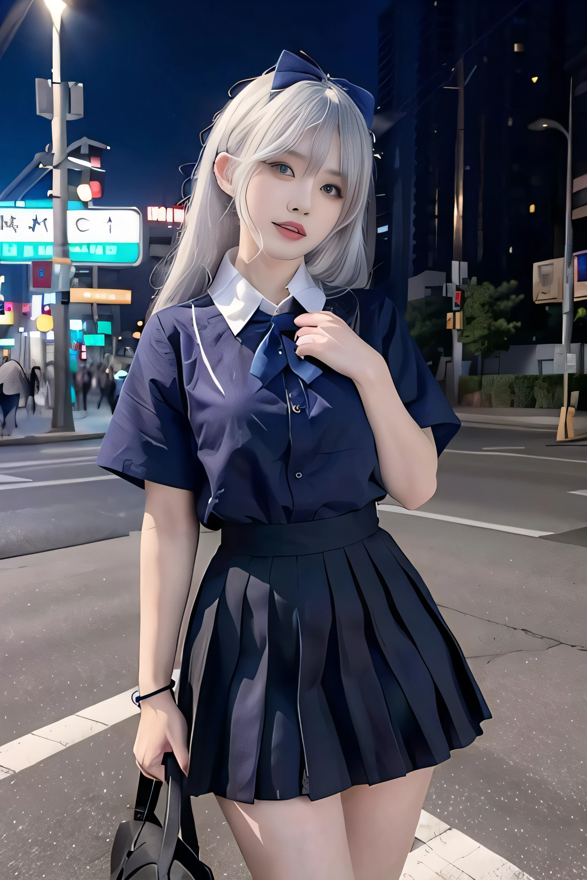 (8k, RAW photo, best quality, masterpiece:1.3),(realistic,photo-realistic:1.37),(night),(looking at viewer:1.331),(white hair),posing,Tokyo street,nightcityscape, cyberpunk city,soft light,1girl,extremely beautiful face,bust,put down hands,Random hairstyle,Random expression,big eyes, ,lower abdomen, (short-sleeved JK_shirt),JK_style,(dark blue JK_skirt) ,(bow JK_tie),mix4
