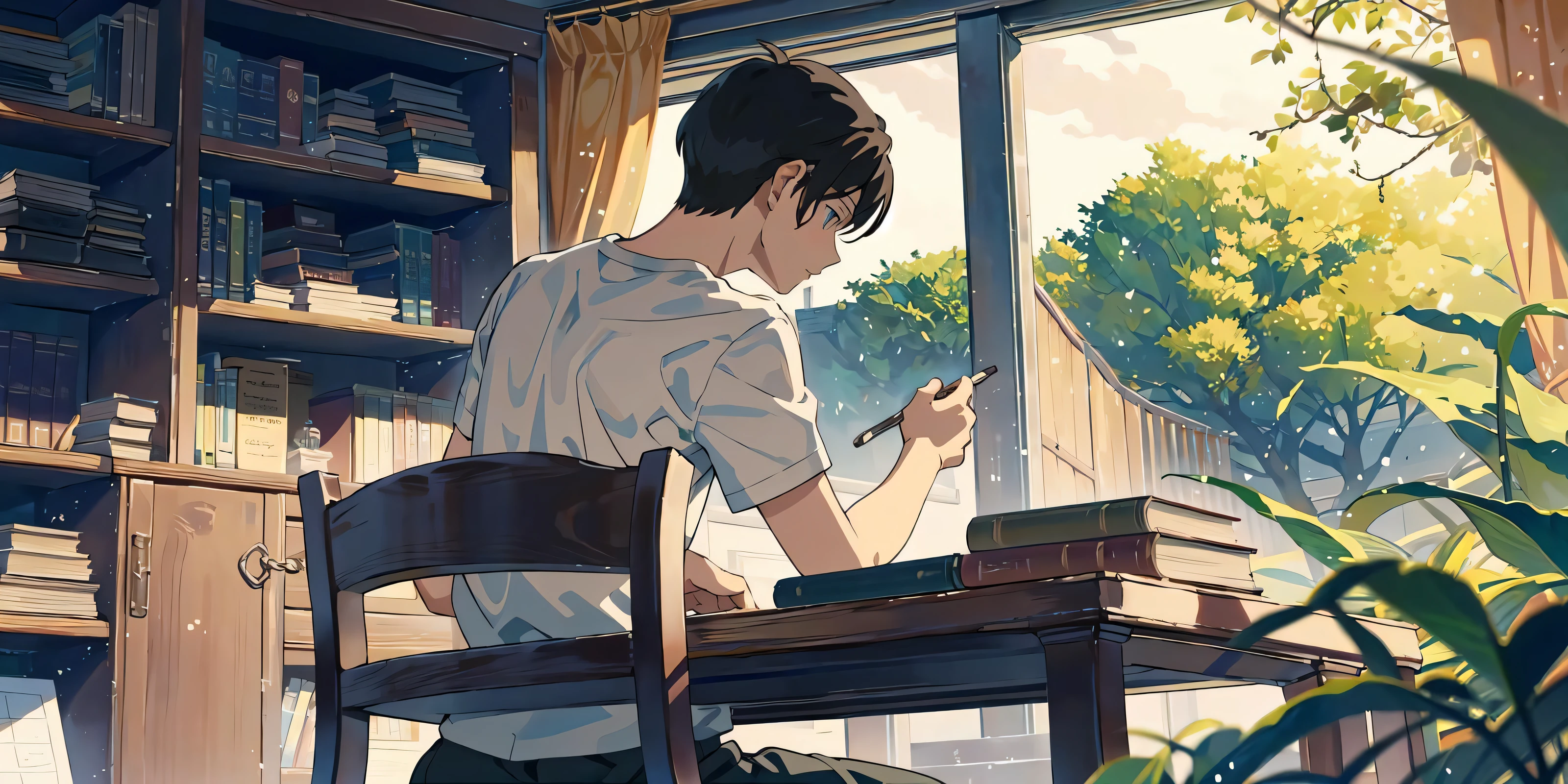 (masterpiece:1.2), best quality,PIXIV, The Garden of Words,
1boy, male focus, sitting, solo, from behind, indoors, shirt, book, black hair, short hair, facing away, book stack, table