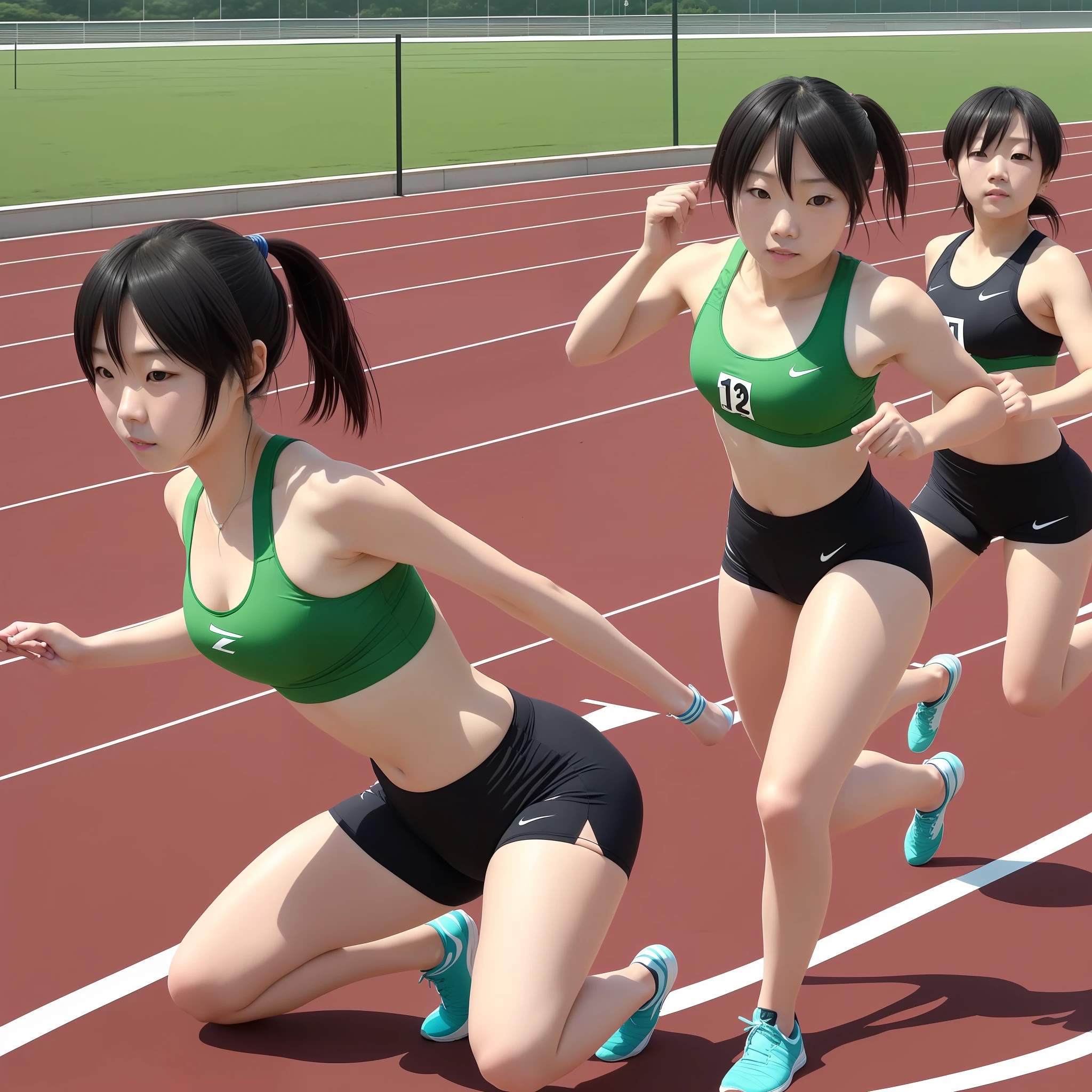 1 naïve one 8 years old、Japan College Girl、track & Field Club Practice、Starting block is used on the 100m track at the athletics stadium、Practicing crouching start alone、Wearing a green bra top and green running shorts、 1man(akiko takase、Kazue Kato、、Aya Takano、Etsuko Miura、Town、tsugumi ohba、chiho、Rinko Kawaichi、Takeyuki Kanda)、 Body shape is 158 cm tall、Weight 53kg、Bust 83cm(D Cup)、Waist 61cm、Hips 86cm、 Shoulder-length black hair、Bangs、wet with sweat、Sweaty skin、 The scene is an athletic stadium on a summer morning