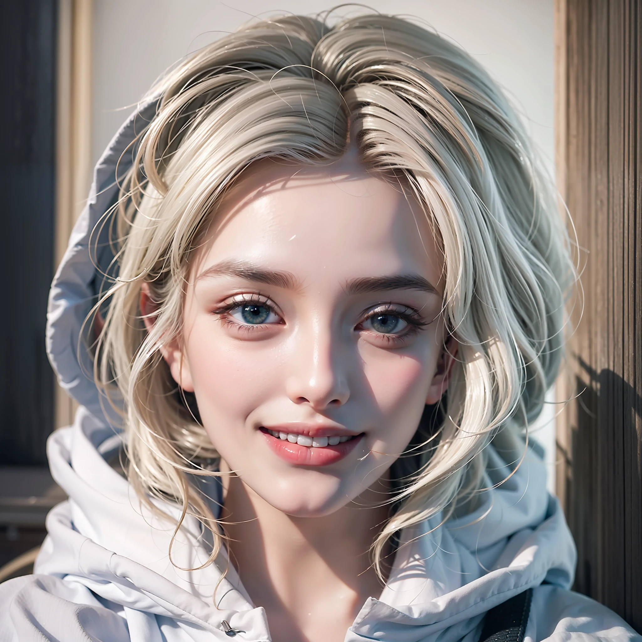 white hair, hood, multicolored eyes, smile, hyperrealism, film grain, ray tracing, reflection light, zoom layer, front, Canon, 35mm, masterpiece, UHD, 8k
