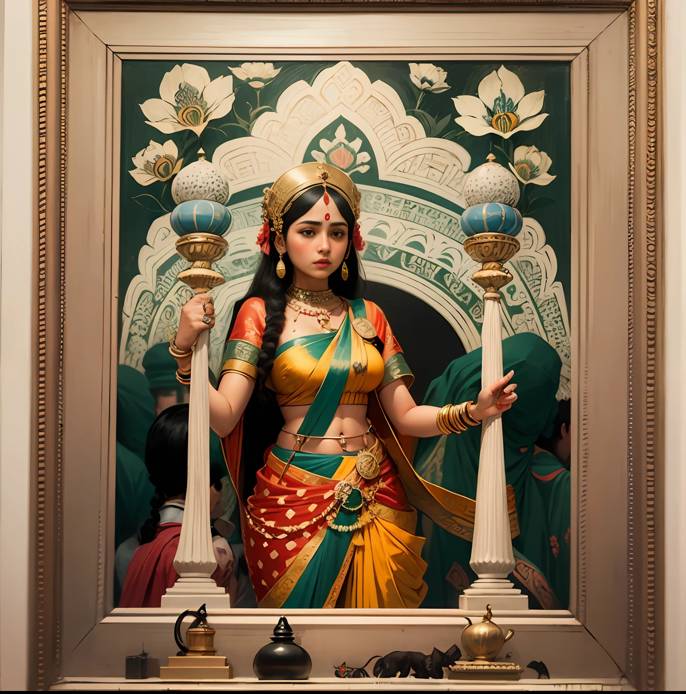 Picture a Kalighat Painting that reflects the influence of colonialism. Depict scenes of British officers or cultural clashes, showcasing the changing dynamics and the fusion of Indian and Western elements. --auto --s2