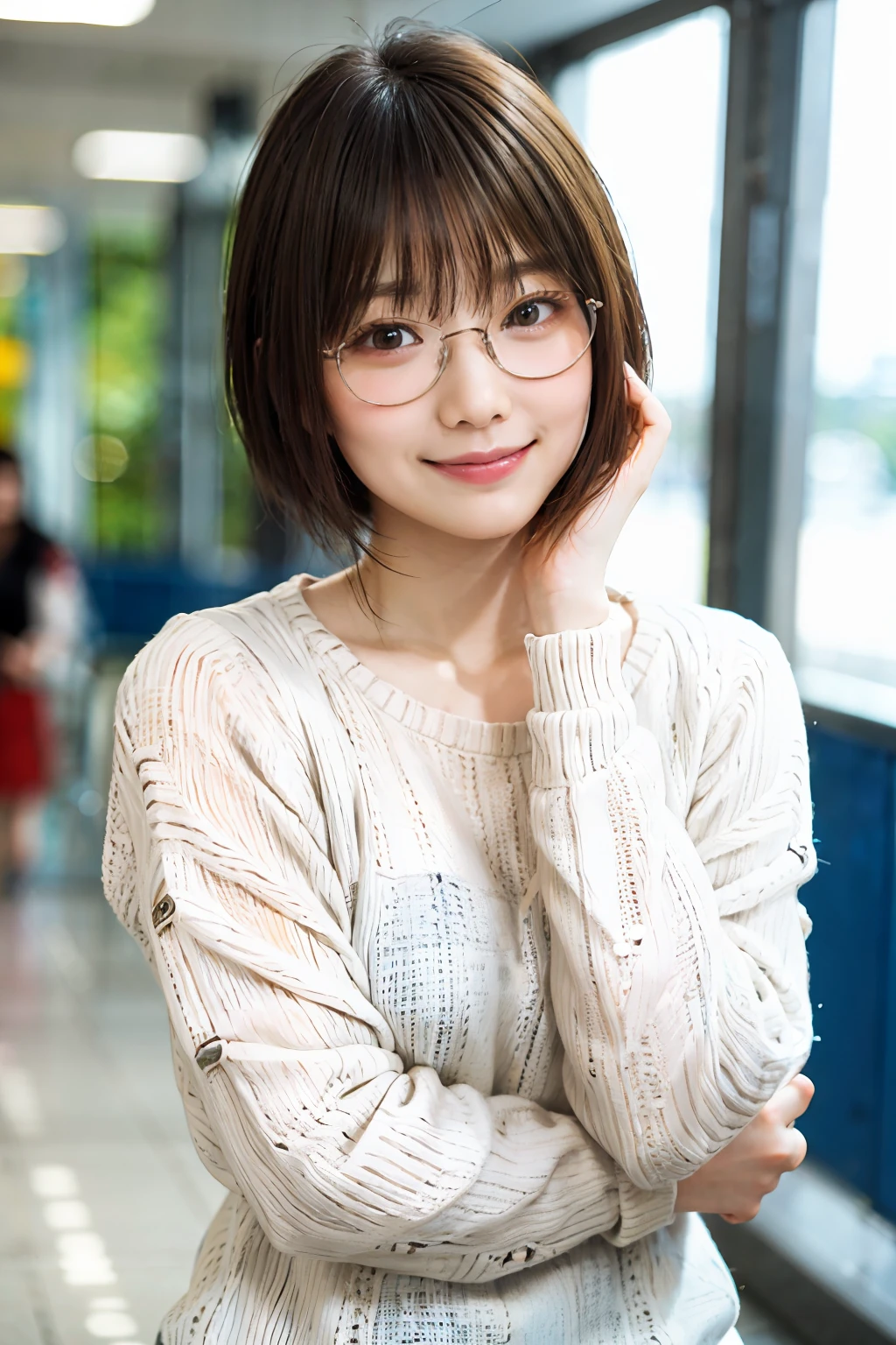 Japan girl in casual clothes in a shopping mall, looking at the viewer, posing with a smile (highest quality, masterpiece))), high resolution, very detailed, masterpiece, cinematic lighting, (8K, highest quality, masterpiece: 1.2), (realistic, photorealistic: 1.37) Hi-Res, Super Detail, 1 Girl, Woman with Glasses, Thin Frame Round Glasses, Light Colored Glasses Frame, asian, cute, cute face, solo, short hair 1.2, texture skin, beautiful smile, beautiful detailed sky, movie lighting, depth of field, lens flare light, sitting, dating, (blushing), (smile: 1.15), small breasts (mouth closed), eyes with beautiful details, (light blue sweater: 1.1), (short hair: 1.2), floating hair Nova Frog style,