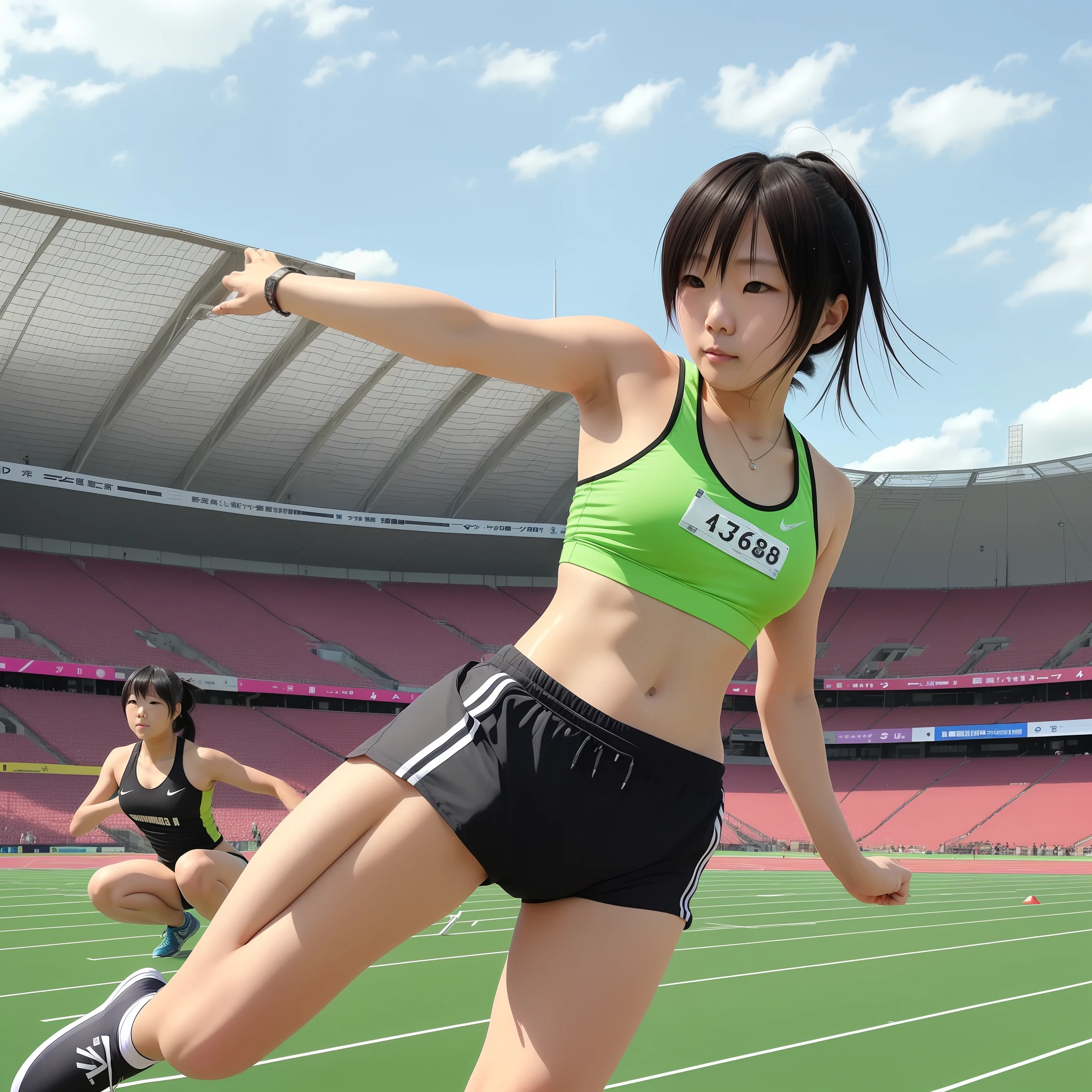 1 naïve one 8 years old、Japan College Girl、Track & Field Club Practice、Starting block is used on the 100m track at the athletics stadium、Practicing crouching start alone、Wearing a green bra top and green running shorts、 1man(akiko takase、Kazue Kato、、Aya Takano、Etsuko Miura、Town、tsugumi ohba、chiho、Rinko Kawaichi、Takeyuki Kanda)、 Body shape is 158 cm tall、Weight 53kg、Bust 83cm(D Cup)、Waist 61cm、Hips 86cm、 Shoulder-length black hair、bangs、wet with sweat、Sweaty skin、 The scene is an athletic stadium on a summer morning