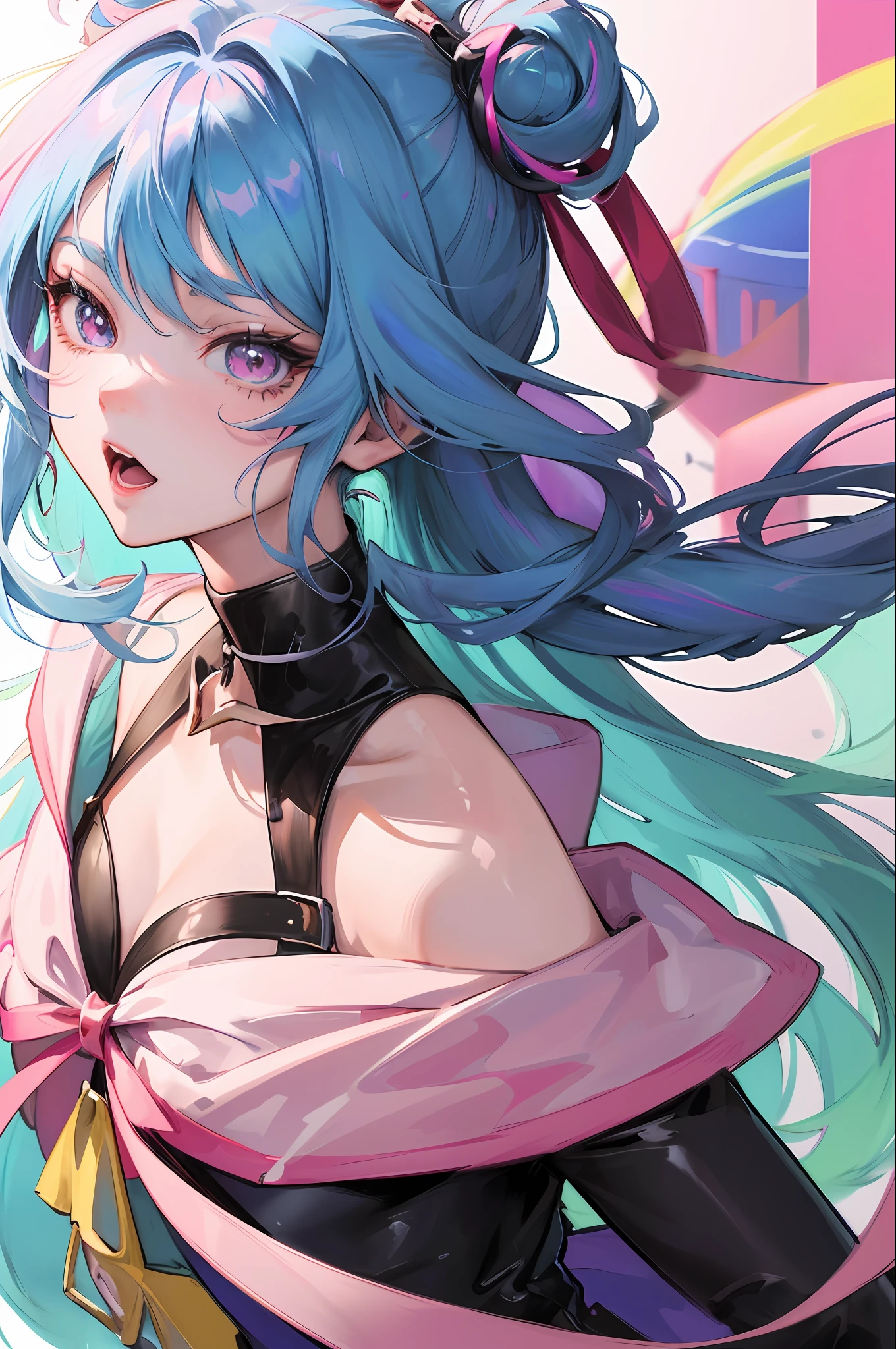 anime girl with colorful hair and a colorful dress, rossdraws pastel vibrant, rossdraws cartoon vibrant, anime style 4 k, beautiful anime portrait, artgerm colorful!!!, ! dream artgerm, beautiful anime girl, anime styled digital art, anime art wallpaper 4k, anime art wallpaper 4 k, digital anime art, extremely detailed artgerm, rainbow hair