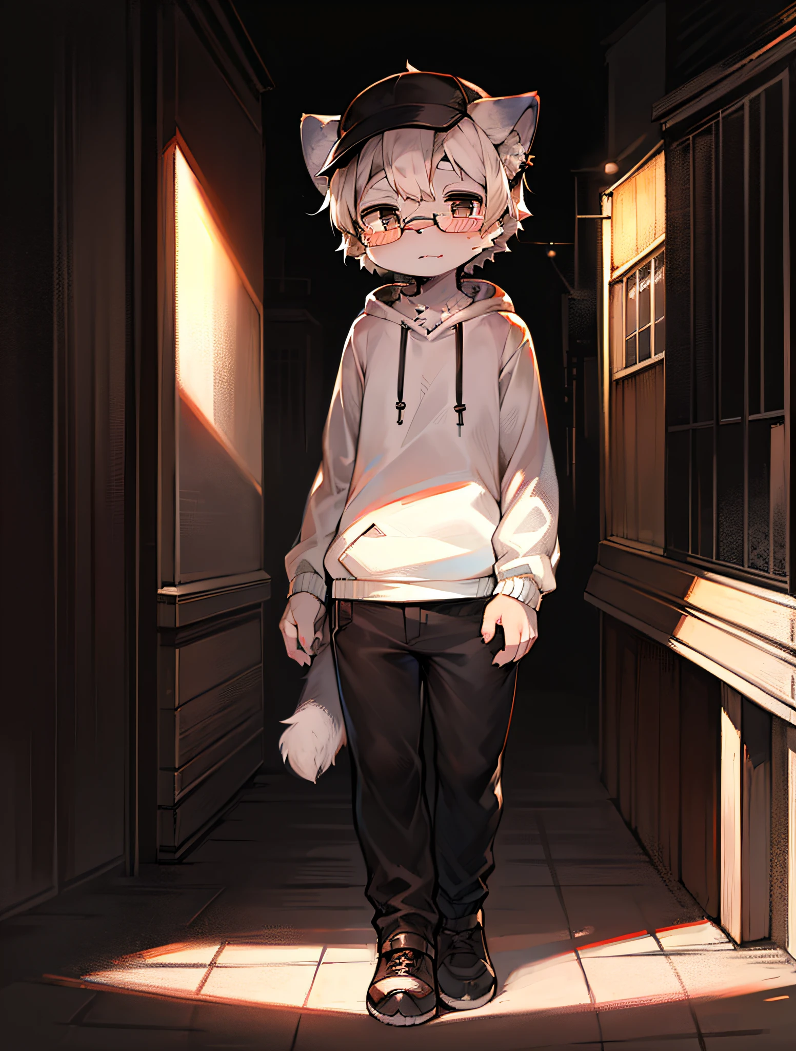 Masterpiece,high-quality,abstract res,Digital painting\(piece of art\), By Dagasi, Yupa,Kiyosan,(anthro,Fluffy fur,Character focus:1.1),anthro male cat,Short hair,portrait , Bright eyes, Panoramic View, Character focus.(Detailed background:0.7), solo, shaggy, Hairy male, Male focus, anthr,(Full body fur, Fluffy tail, Black and white fur, Black eyes, Black and white hair:1.2), (Long felines、Sweatshirt、trousers、eyeglasses、headset、headwear：1.2），（exterior、During the Day、park：1.1）
