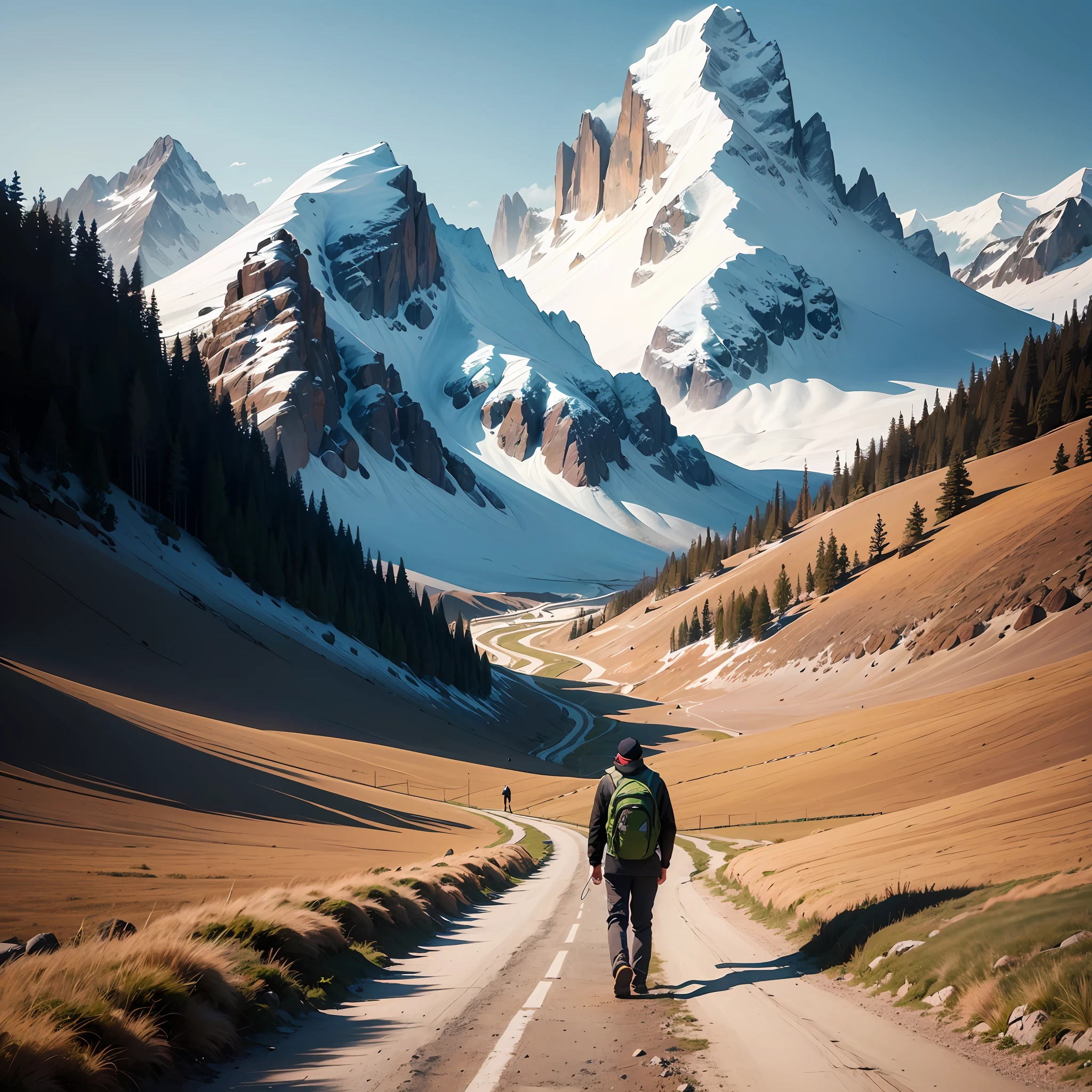 There is a narrow, winding mountain path flanked by gentle grassy fields. The fields are a beautiful shade of green, and there is no snow on them, making it feel like spring. In the distance, there is a tall mountain covered in white snow, with a blue sky and white clouds above it. Walking down the road, there is a man with a large black backpack on his back. He is alone, wearing a black jacket, Black pants, and a black cap, with long white hair visible from under the cap. Photos are of high quality、There is a sense of scenic scenery, with no man-made structures in sight.
