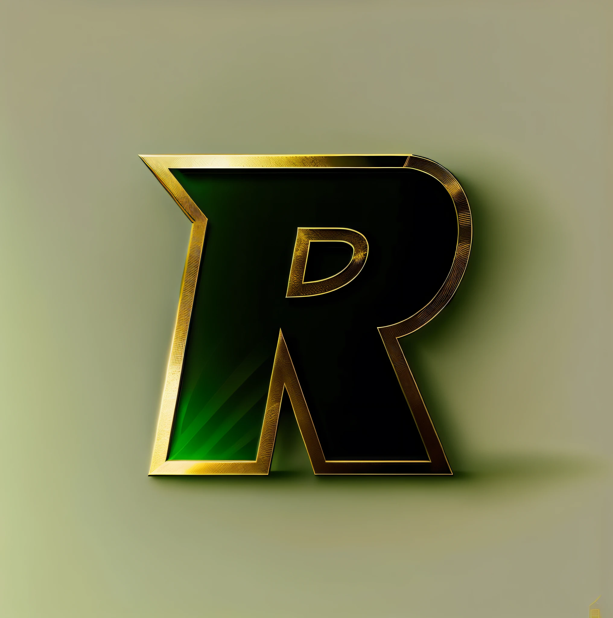 The logo for Raphael, gold coat of arms, R letter logo of fluorescent green color, black background