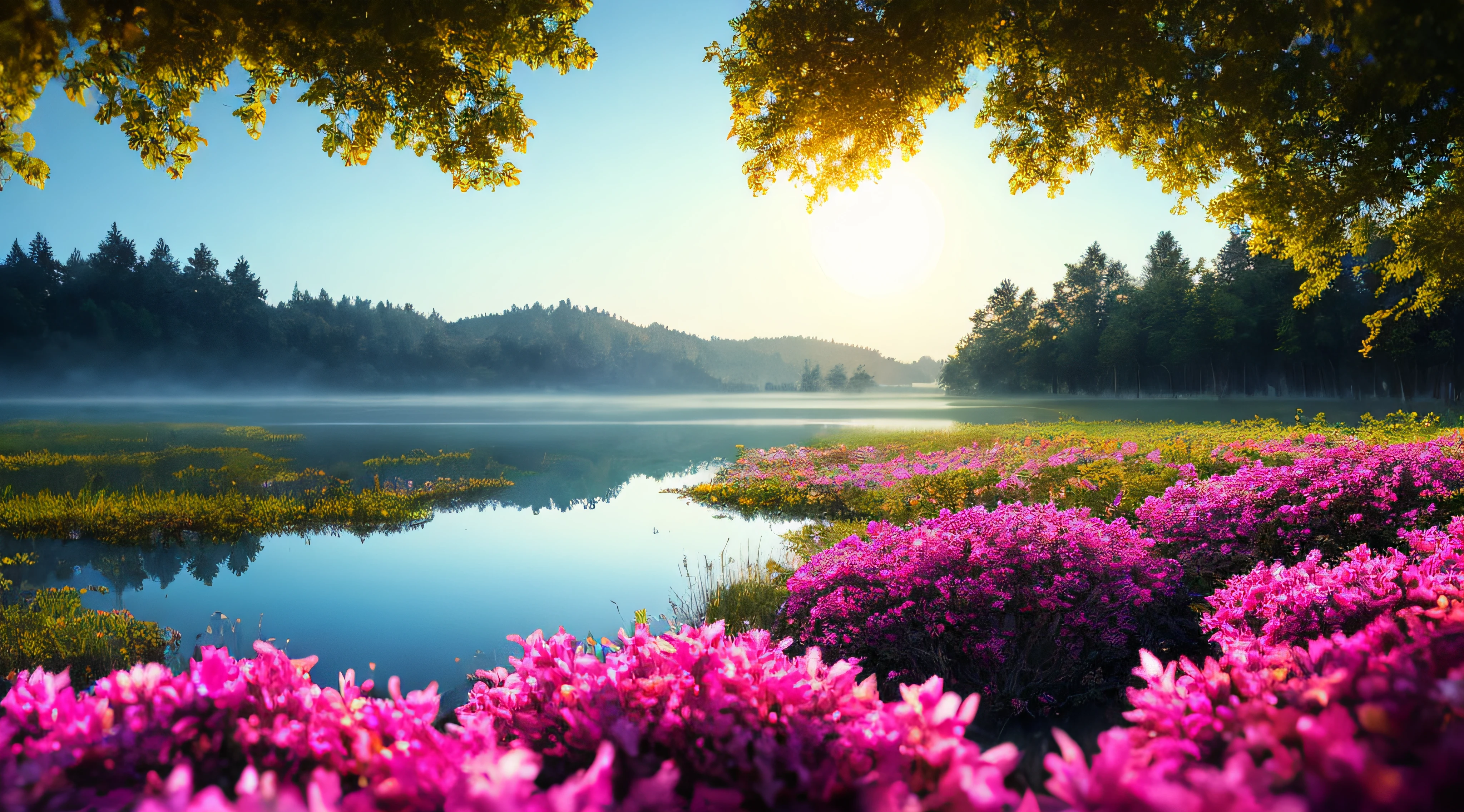 masterpiece, best quality, high quality,extremely detailed CG unity 8k wallpaper, A tranquil and peaceful scene, featuring a serene lake nestled among rolling hills and surrounded by a verdant forest, with a misty morning fog that adds an air of mystery and enchantment, artstation, digital art, intricate, trending, muted colors, artstation, digital illustration, intricate, trending, pastel colors, oil paiting, award winning photography, Bokeh, Depth of Field, HDR, bloom, Chromatic Aberration ,Photorealistic,extremely detailed, trending on artstation, trending on CGsociety, Intricate, High Detail, dramatic, art by midjourney