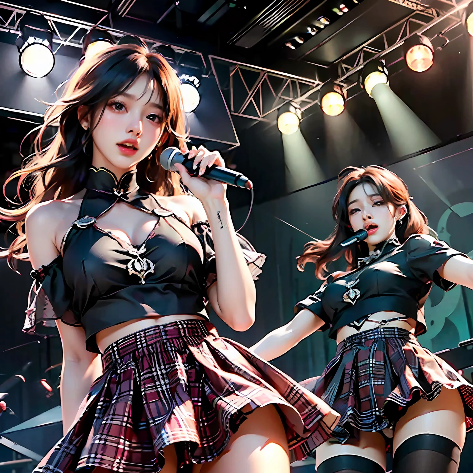 (Best quality),(HD 8K),(Realistic),Girl group,perform,short skirt,Below the stage,(A group of boys were screaming),(be booked up),(Masterpieces)