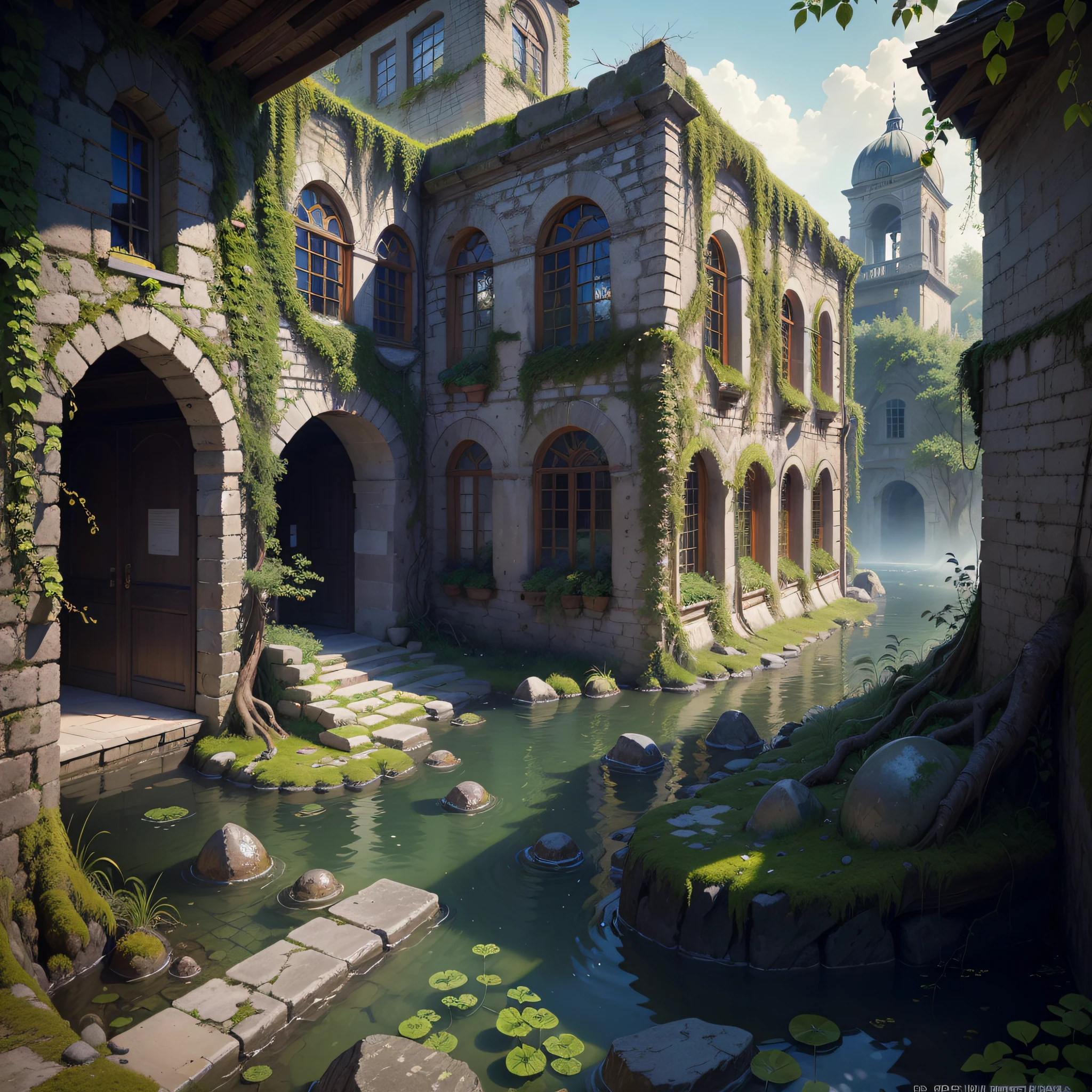 (Numerous award-winning masterpieces, with incredible detail, textures and maximum detail), (hyper realistic:1.4), (realistic:1.3), (best quality real texture skin), (see-through:1.4), (Ruined medieval European stone city), (Stone town covered with moss and ivy), (A stone town that is returning to nature), (Eroded by clear water), (Tree roots crawling on stone walls),