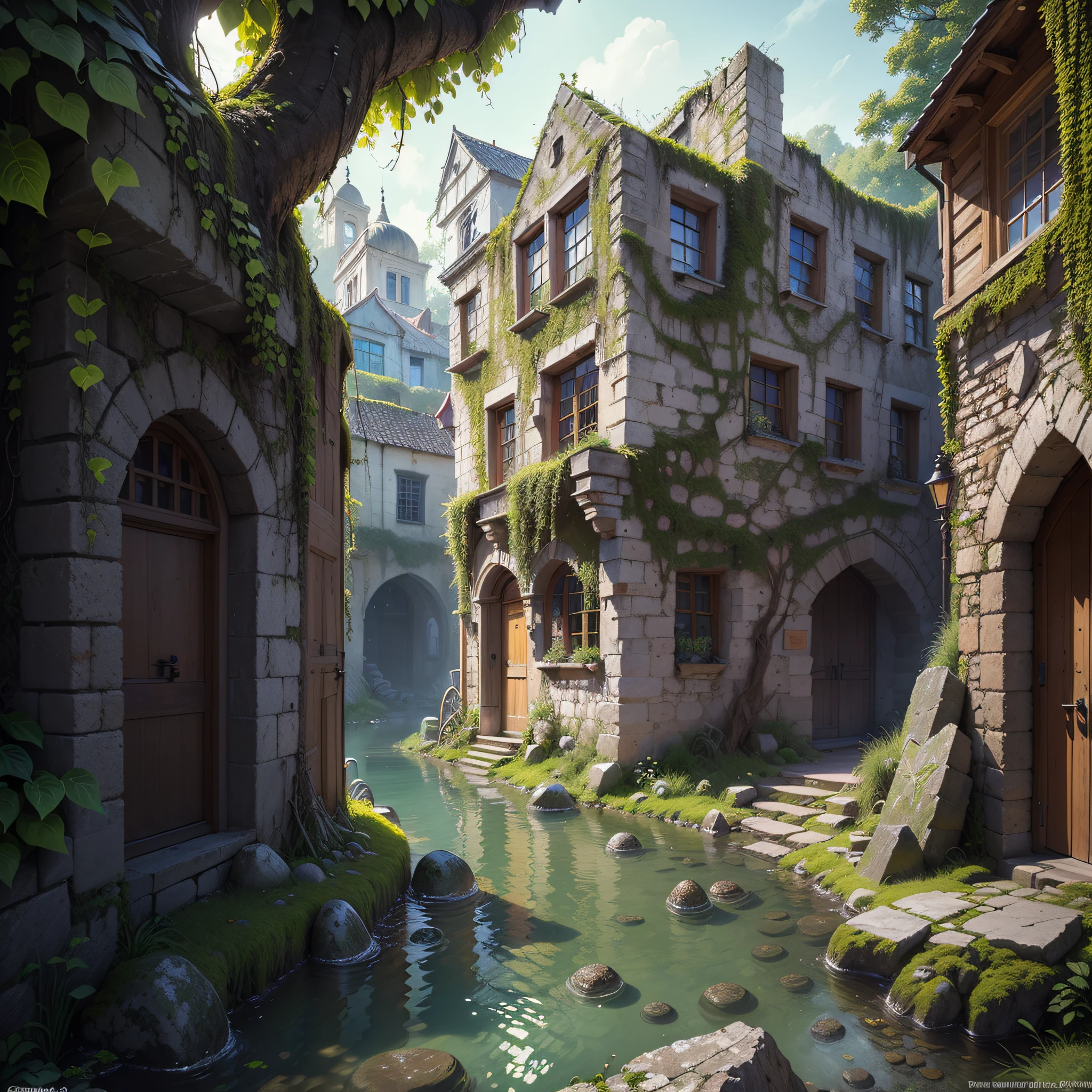 (Numerous award-winning masterpieces, with incredible detail, textures and maximum detail), (hyper realistic:1.4), (realistic:1.3), (best quality real texture skin), (see-through:1.4), (Ruined medieval European stone city), (Stone town covered with moss and ivy), (A stone town that is returning to nature), (Eroded by clear water), (Tree roots crawling on stone walls),