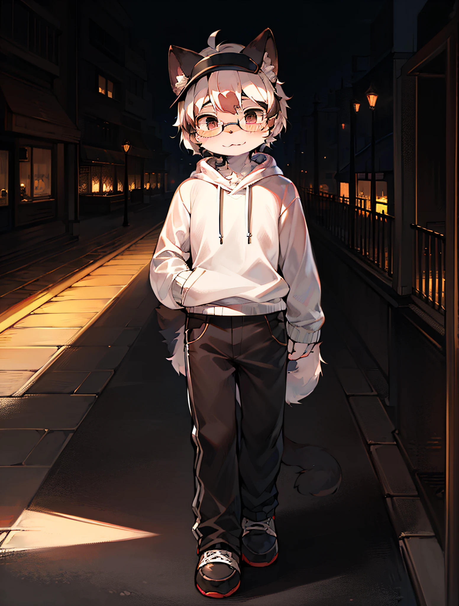 Masterpiece,high-quality,abstract res,Digital painting\(piece of art\), By Dagasi, Yupa,Kiyosan,(anthro,Fluffy fur,Character focus:1.1),anthro male cat,Short hair,portrait , Bright eyes, Panoramic View, Character focus.(Detailed background:0.7), solo, shaggy, Hairy male, Male focus, anthr,(Full body fur, Fluffy tail, Black and white fur, Black eyes, Black and white hair:1.2), (Long felines、Sweatshirt、trousers、eyeglasses、headset、headwear：1.2），（exterior、During the Day、park：1.1）