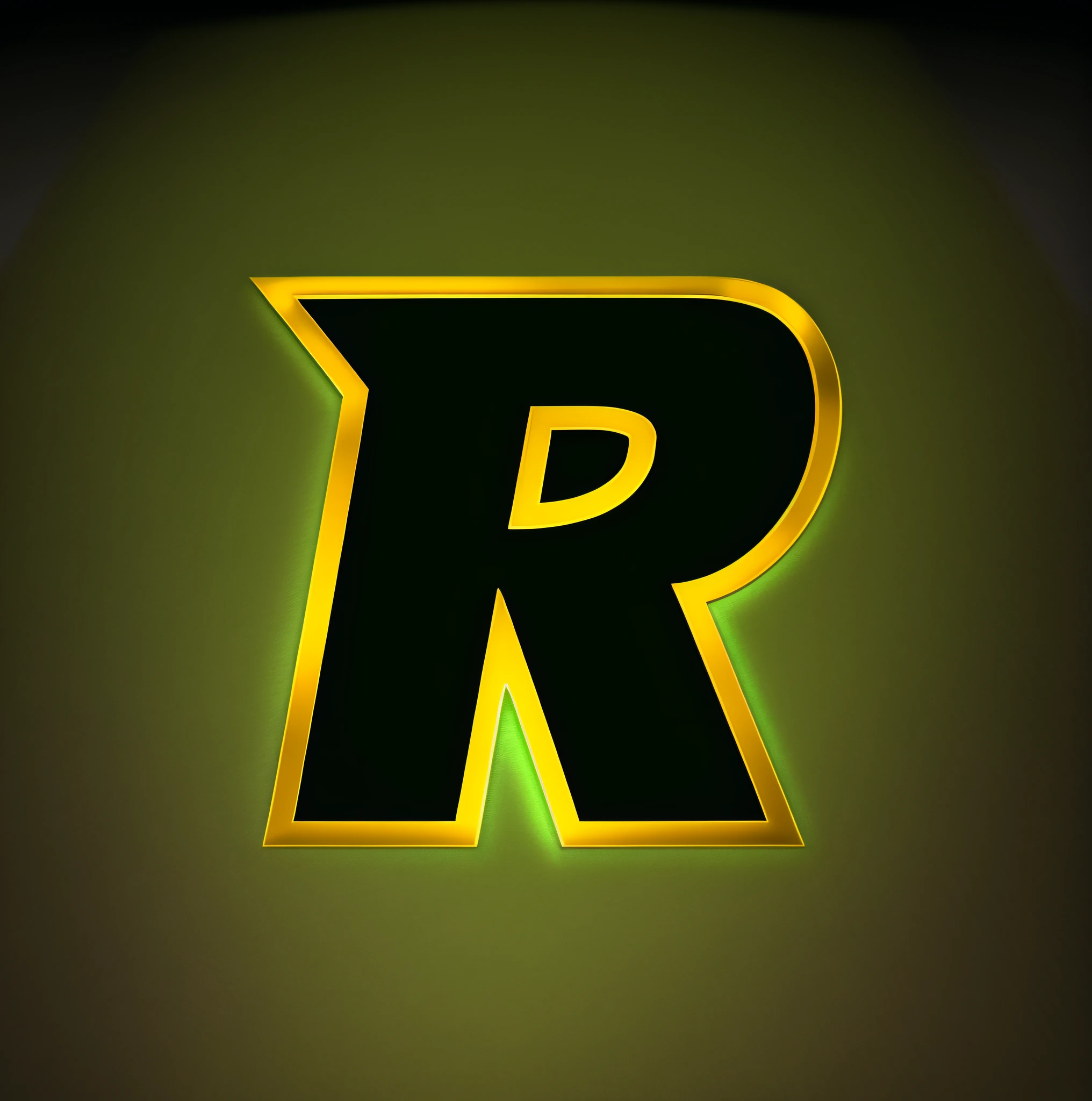 The logo for Raphael, gold coat of arms, R letter logo of fluorescent green color, black background