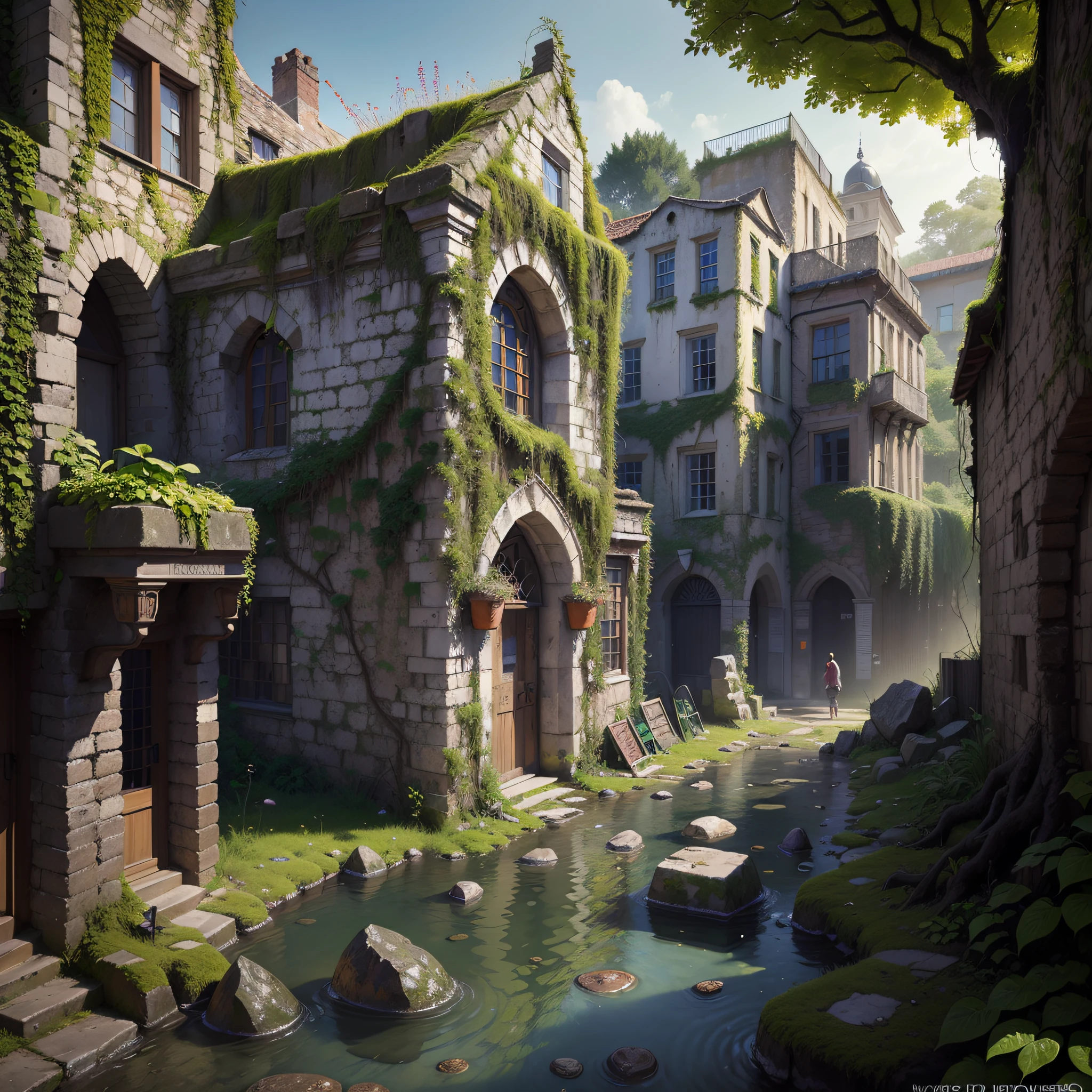 (Numerous award-winning masterpieces, with incredible detail, textures and maximum detail), (hyper realistic:1.4), (realistic:1.3), (best quality real texture skin), (see-through:1.4), (Ruined medieval European stone city), (Stone town covered with moss and ivy), (A stone town that is returning to nature), (Eroded by clear water), (Tree roots crawling on stone walls),