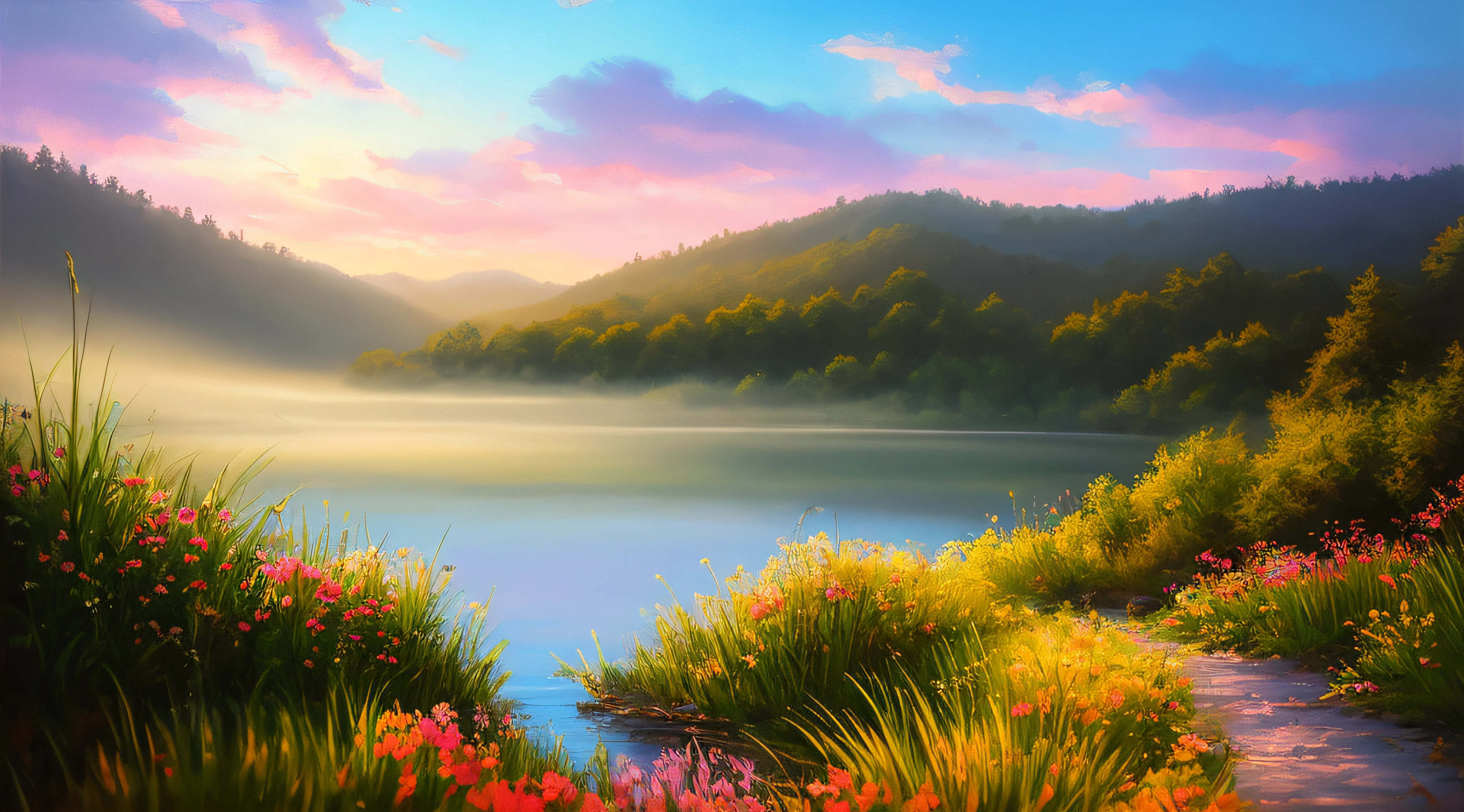 masterpiece, best quality, high quality,extremely detailed CG unity 8k wallpaper, A tranquil and peaceful scene, featuring a serene lake nestled among rolling hills and surrounded by a verdant forest, with a misty morning fog that adds an air of mystery and enchantment, artstation, digital art, intricate, trending, muted colors, artstation, digital illustration, intricate, trending, pastel colors, oil paiting, award winning photography, Bokeh, Depth of Field, HDR, bloom, Chromatic Aberration ,Photorealistic,extremely detailed, trending on artstation, trending on CGsociety, Intricate, High Detail, dramatic, art by midjourney