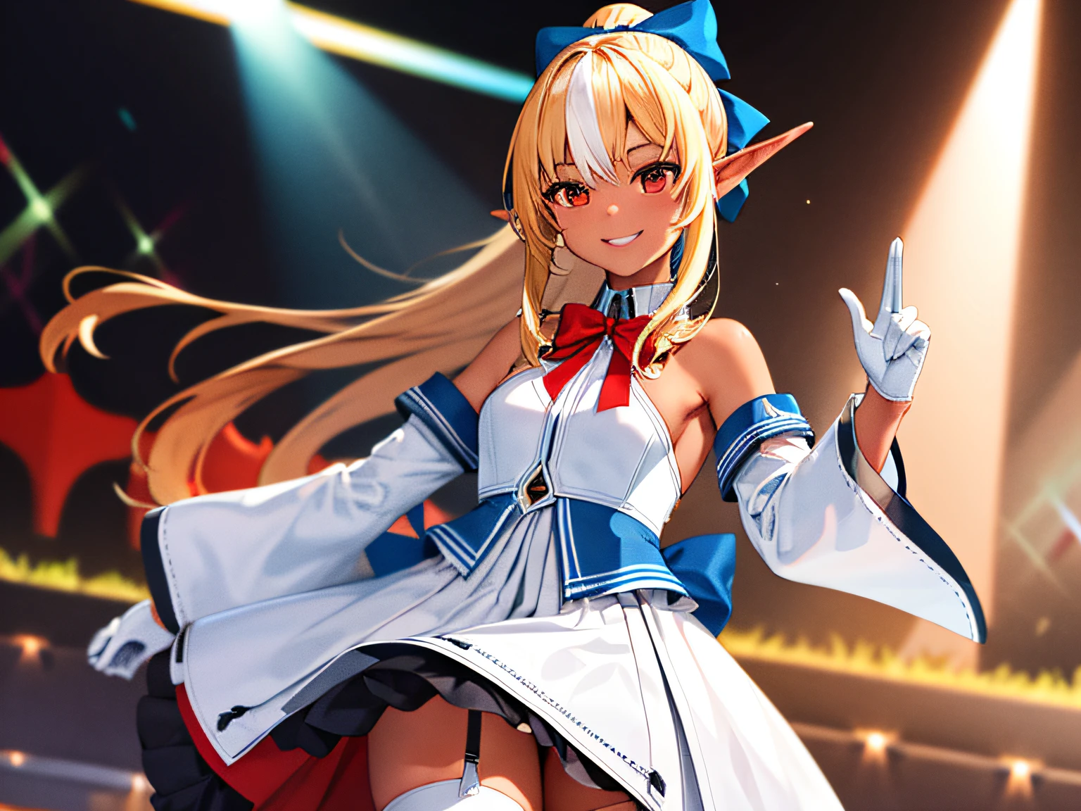 master masterpiece, best-quality, Ultra Hi-Res, One person, Shiranui Flare, streaked hair, multicolored hair, dark-skinned, Long Hair, Blonde hair, Blue bow in the hair, Pointed ears, solo, Side lock, white gloves, Detached sleeves, Garter straps, white thighhighs, High ponytail, White dress, Red eyes, big chest, red bowtie, White hair, Dark Elf, Long sleeves, bare shoulder, ponytail, cowboy shot, smilling face, stage