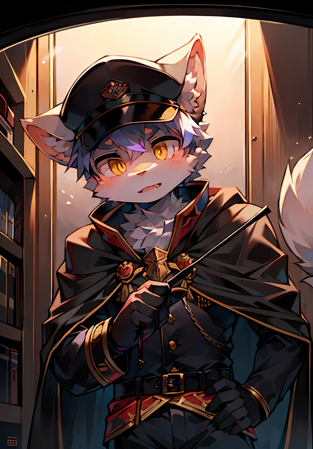 the highest picture quality，Delicate painting style，Delicate hook lines，finely detailed skin，Delicate hair，Delicate hands，Delicate eyes，Normal eyes，White dog ears，shaggy，Yellow eyes，handsome，Cat style，Shota，barrack, Purple pupils, Interrogation room, Criminal Department，, Dappled light and shadow, boy，Shota，There are bright eyes of God，White fur，Black military uniform，Black military cap，Large brimmed hat，Ss，Red armbands，Wears red armbands，Black cape，Black cloak，Hold a long leather whip in your hand，，attack，Cold，Fierce，Cold，ruthless