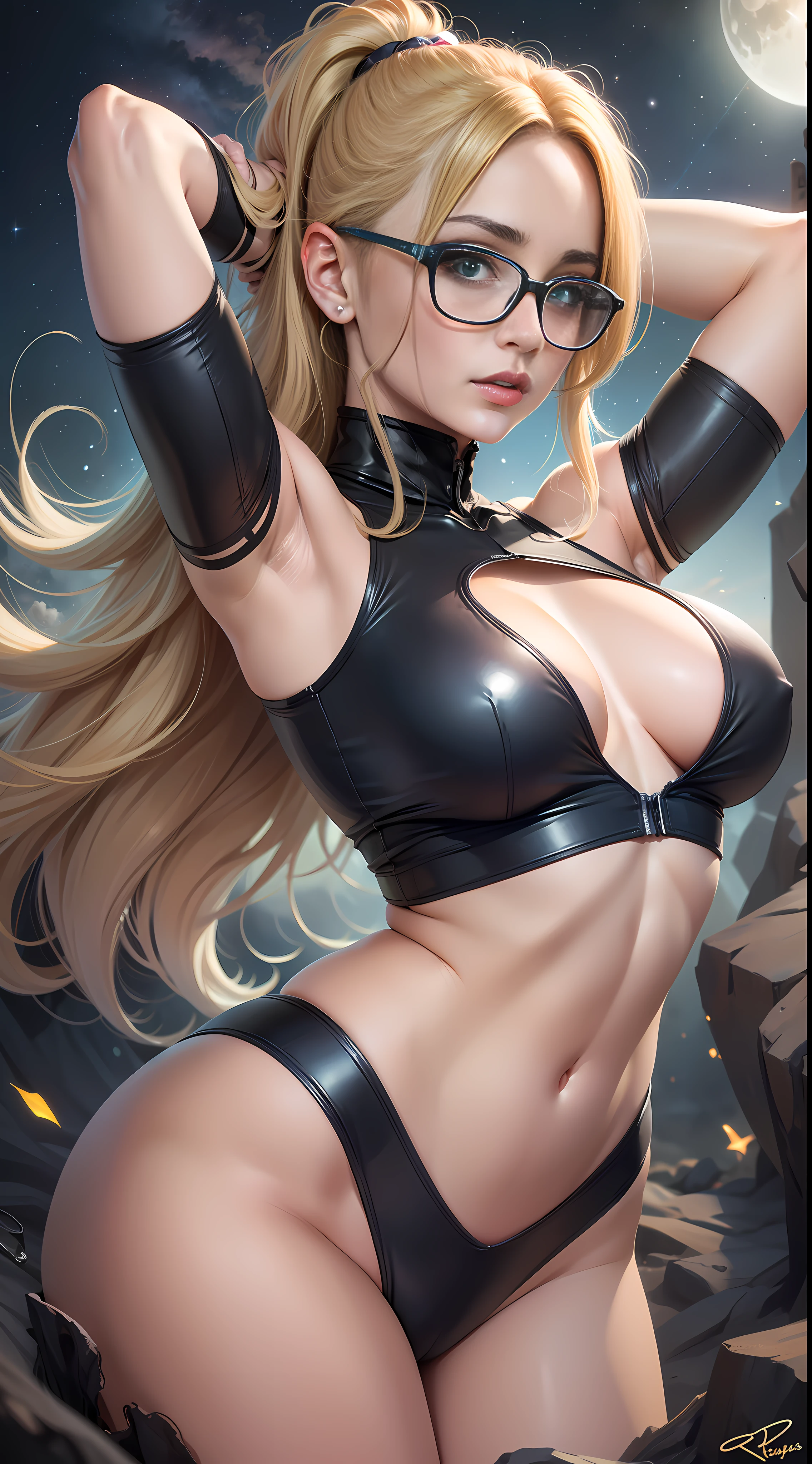 1 girl, ig model, ninja, bodysuit, action pose, arms up, arms behind head, blonde hair, long hair, green eyes, glasses, lewd face, sexy, cleavage, armpits, large breasts, wide hips, thick thighs, muscles, abs, realistic, ray traced, desert, sand, night, stars, moon, clouds