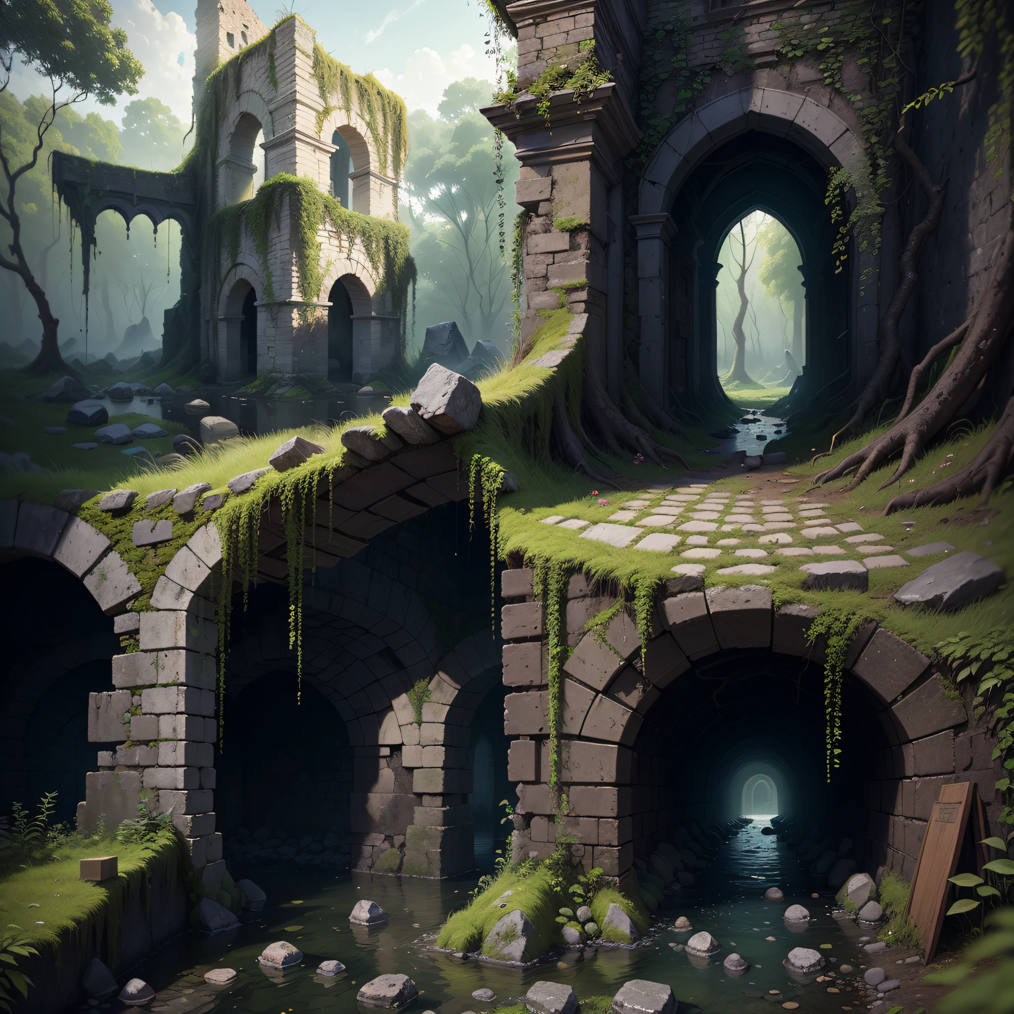 (Numerous award-winning masterpieces, with incredible detail, textures and maximum detail), (hyper realistic:1.4), (realistic:1.3), (best quality real texture skin), (see-through:1.4), (crumbling stone ruins of medieval Europe), (crumbling stone ruins covered with moss and ivy), (crumbling stone temple ruins returning to nature), (crumbling stone ruins eroded by a clear stream), (tree roots crawling along a crumbling stone wall), (clear stream with slow flow), submerged, beautiful plants, (scattered Skeletons: 0.4)