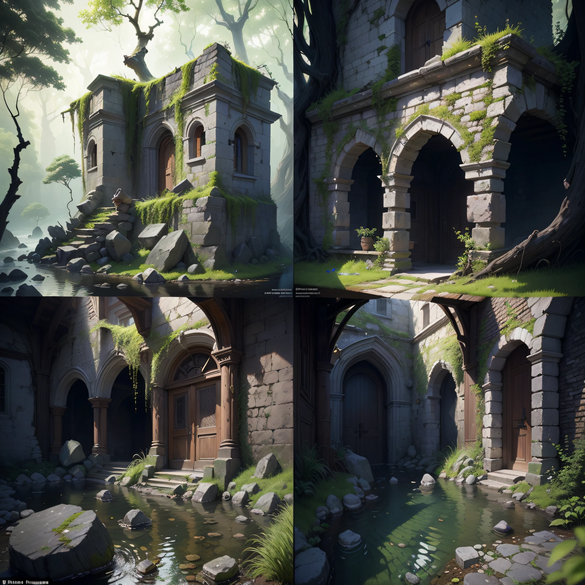 (Numerous award-winning masterpieces, with incredible detail, textures and maximum detail), (hyper realistic:1.4), (realistic:1.3), (best quality real texture skin), (see-through:1.4), (crumbling stone ruins of medieval Europe), (crumbling stone ruins covered with moss and ivy), (crumbling stone temple ruins returning to nature), (crumbling stone ruins eroded by a clear stream), (tree roots crawling along a crumbling stone wall), (clear stream with slow flow), submerged, beautiful plants, (scattered Skeletons: 0.4)