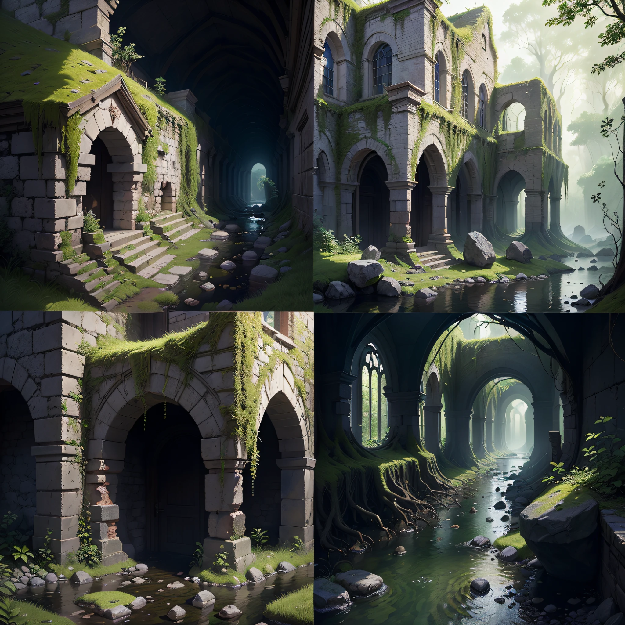 (Numerous award-winning masterpieces, with incredible detail, textures and maximum detail), (hyper realistic:1.4), (realistic:1.3), (best quality real texture skin), (see-through:1.4), (crumbling stone ruins of medieval Europe), (crumbling stone ruins covered with moss and ivy), (crumbling stone temple ruins returning to nature), (crumbling stone ruins eroded by a clear stream), (tree roots crawling along a crumbling stone wall), (clear stream with slow flow), submerged, beautiful plants, (scattered Skeletons: 0.4)