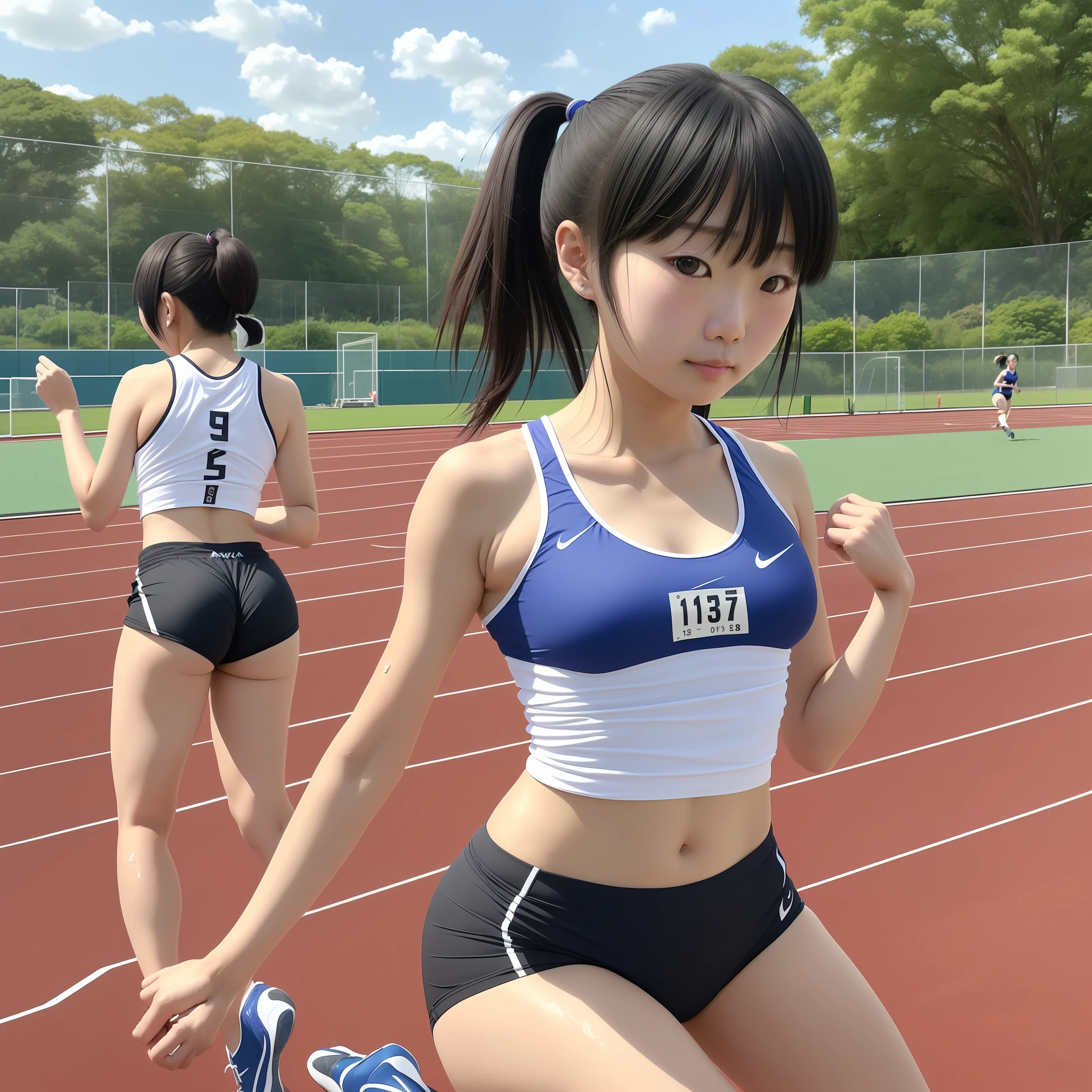 1 naïve one 8 years old、Japan College Girl、track & Field Club Practice、Starting block is used on the 100m track at the athletics stadium、Practicing crouching start alone、Wearing a green bra top and green running shorts、 1man(akiko takase、Kazue Kato、、Aya Takano、Etsuko Miura、Town、tsugumi ohba、chiho、Rinko Kawaichi、Takeyuki Kanda)、 Body shape is 158 cm tall、Weight 53kg、Bust 83cm(D Cup)、Waist 61cm、Hips 86cm、 Shoulder-length black hair、Bangs、wet with sweat、Sweaty skin、 The scene is an athletic stadium on a summer morning
