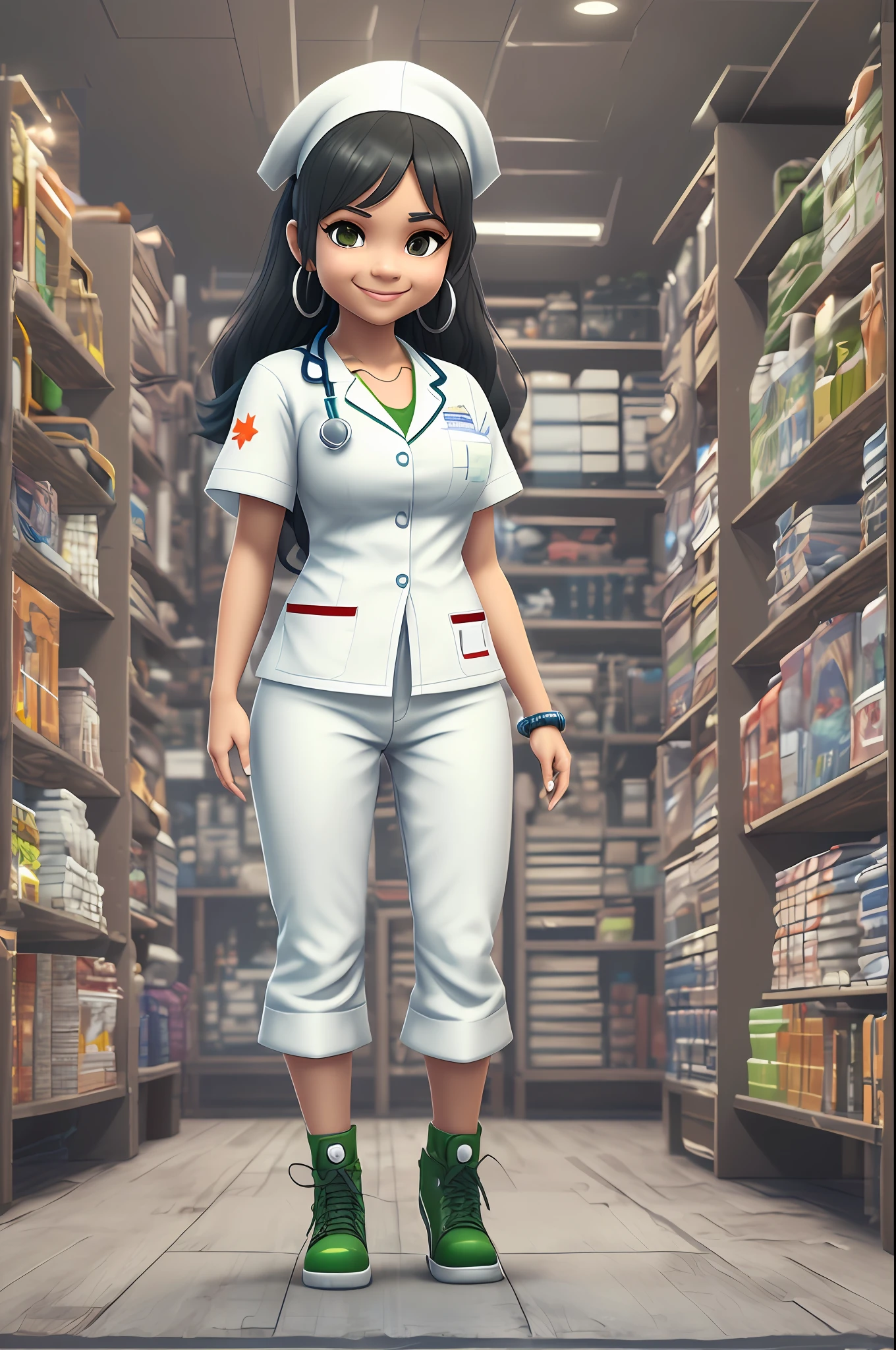 A 3D image of a full body mulatto nurse, standing up, with white pants cute smiling face, brown eyes, long black hair, wearing a white nurse uniform with small green and blue accents in a chibi and Disney style, no background, detailed, ultra high-definition, 8K, in the style of Quixel Megascans, 3D Scan Store and Epic Games